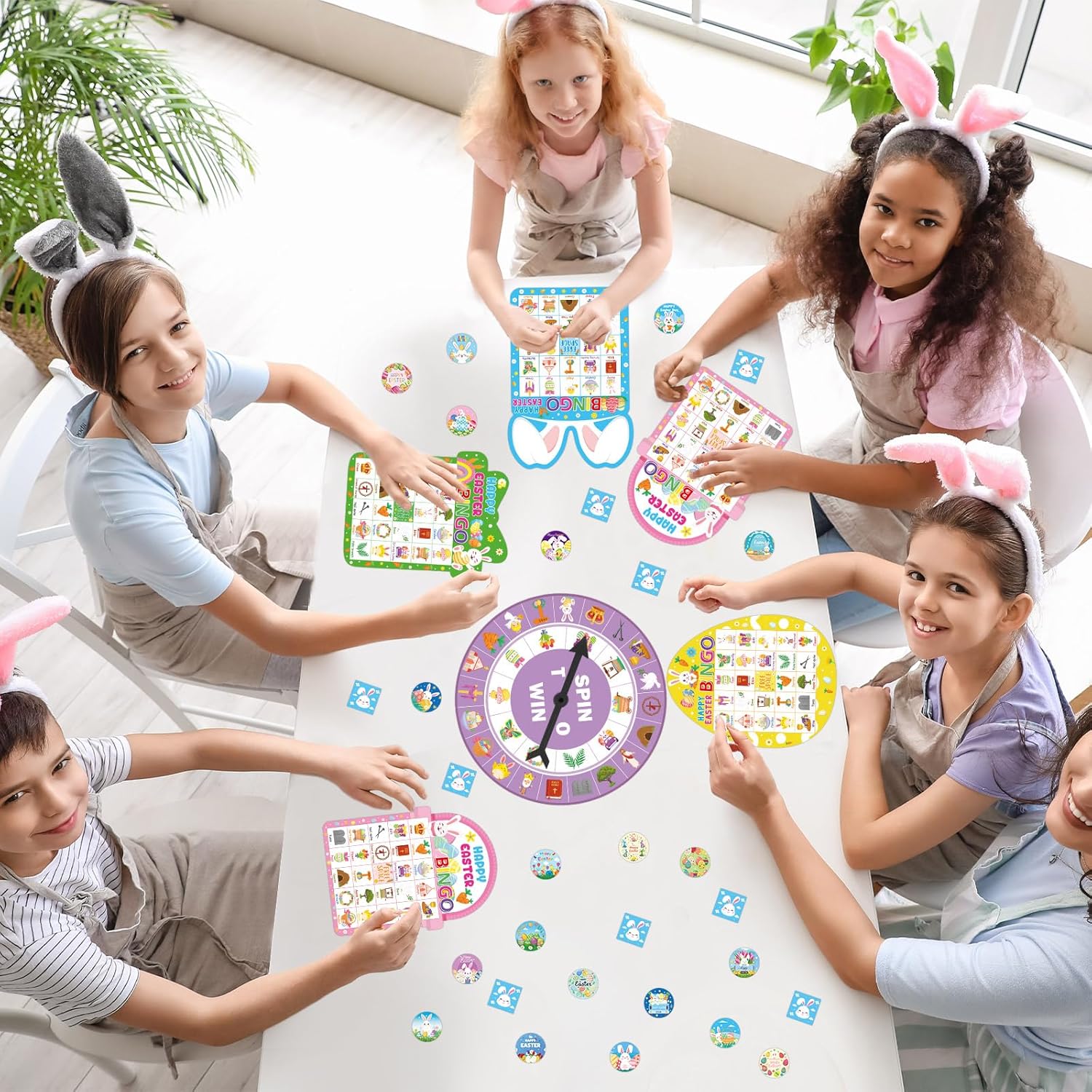 Easter Bingo Game Cards for Adults 24 Players Easter Egg Bunny Bingo Games Spring Holiday Bingo Cards with Turntable Reward Stickers for Party Classroom Activities Home Family Party Game