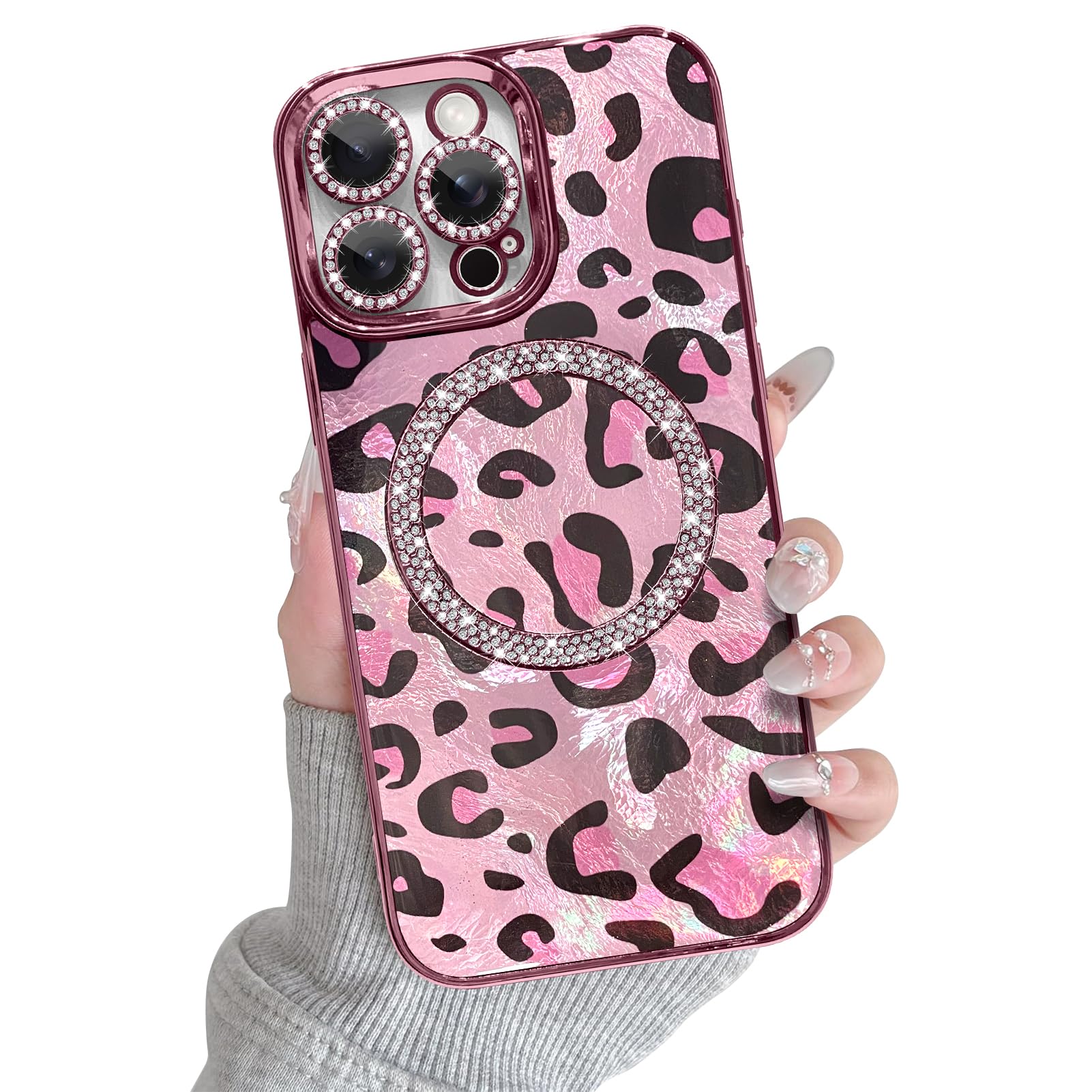 Jefonha Magnetic for iPhone 15 Pro Case [Compatible with MagSafe] Cute Leopard Print for Women Girls Luxury Glitter Diamond Plated Shockproof