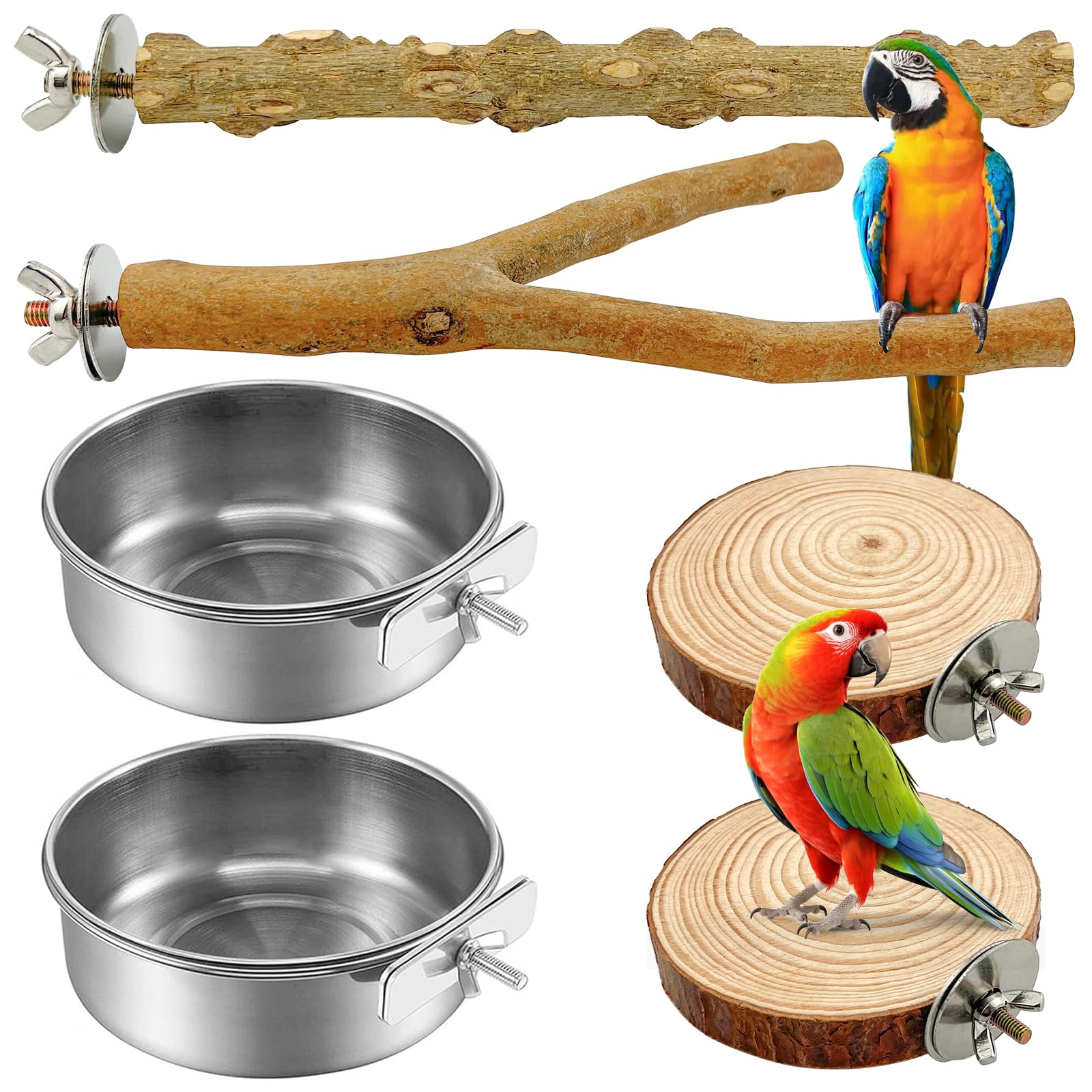 Lot de 4 perchoirs naturels pour oiseaux, perchoirs pour perruches, avec 2 mangeoires, accessoires de cage à oiseaux, pour perroquets, calopsittes, canaris
