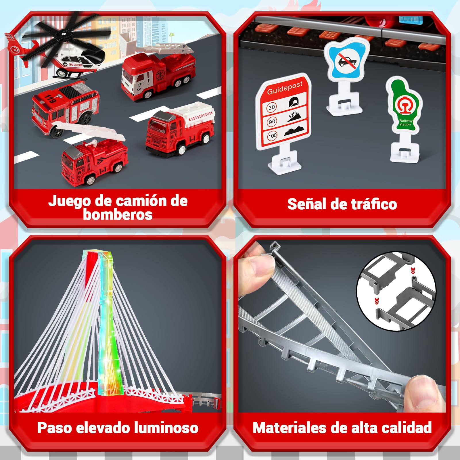 JONRRYIN Trenes de Juguetes para Niños, 161 Piezas Juguetes Pista de Carreras, Pista de Coches y Tren con Vías de Flexibles, 4 Camión de Bomberos, Train Eléctrico para Niños Regalo