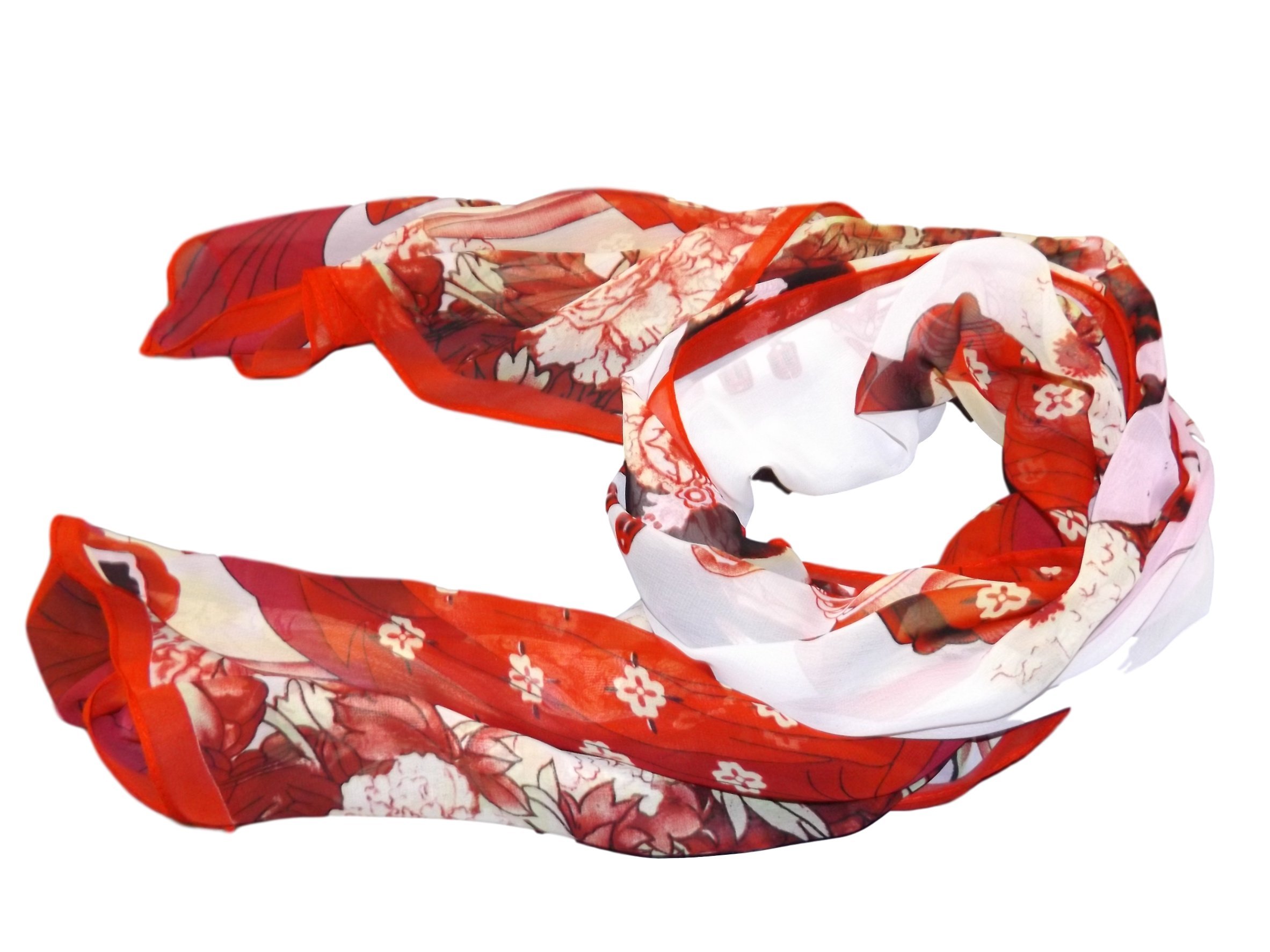 Pink, red or Blue Soft Chiffon feel Ladies Beautiful Traditional Japanese Chinese Geisha print Scarf Shawl 150cm x 50cm - posted from London by Fat-Catz (red geisha)