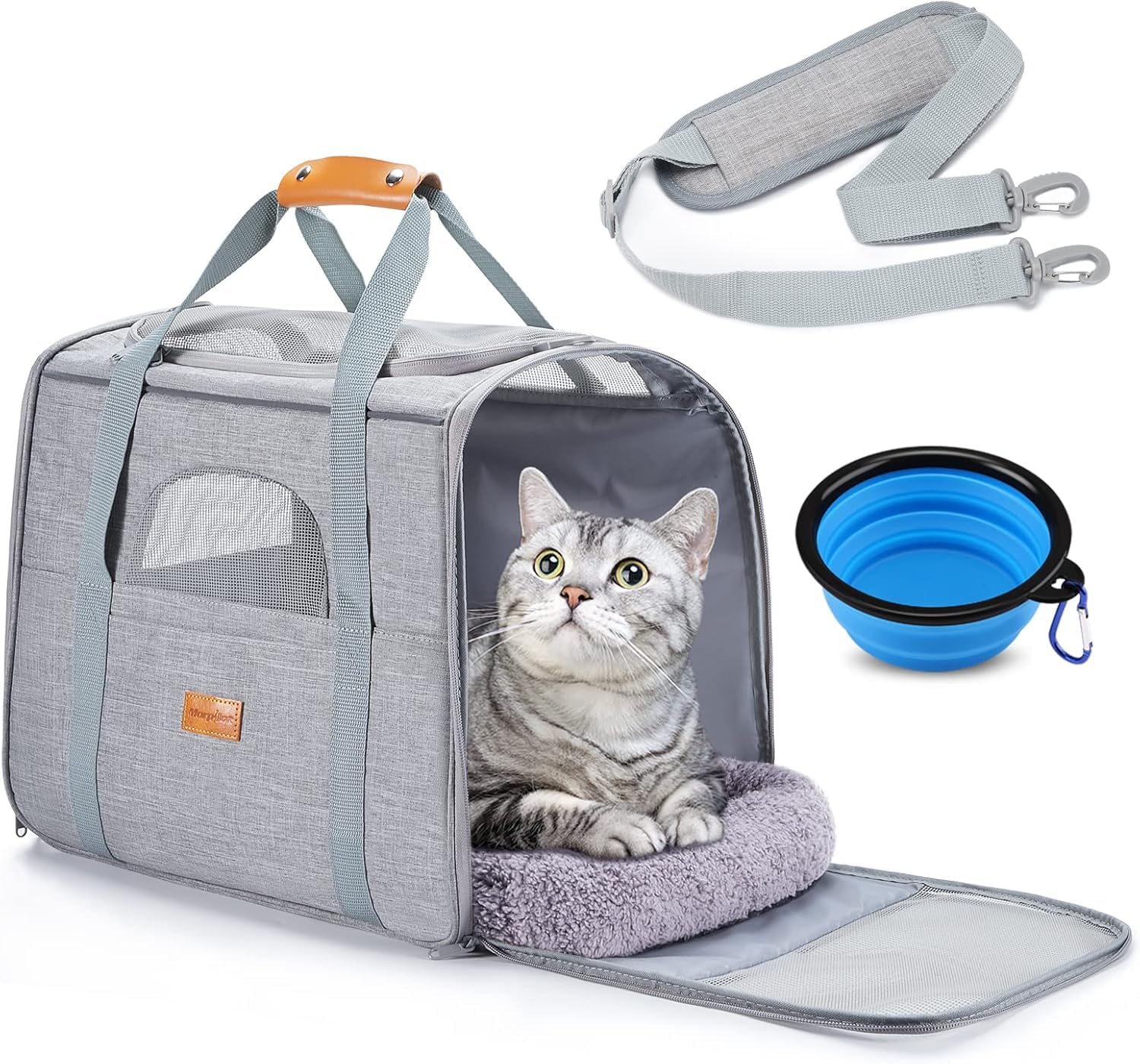 Morpilot Trasportino per gatti grandi e cuccioli fino a 7 kg, con cerniere di sicurezza, pieghevole, per il trasporto di gatti e cani, per andare al veterinario, 43.5x31x34cm, Grigio chiaro(M)