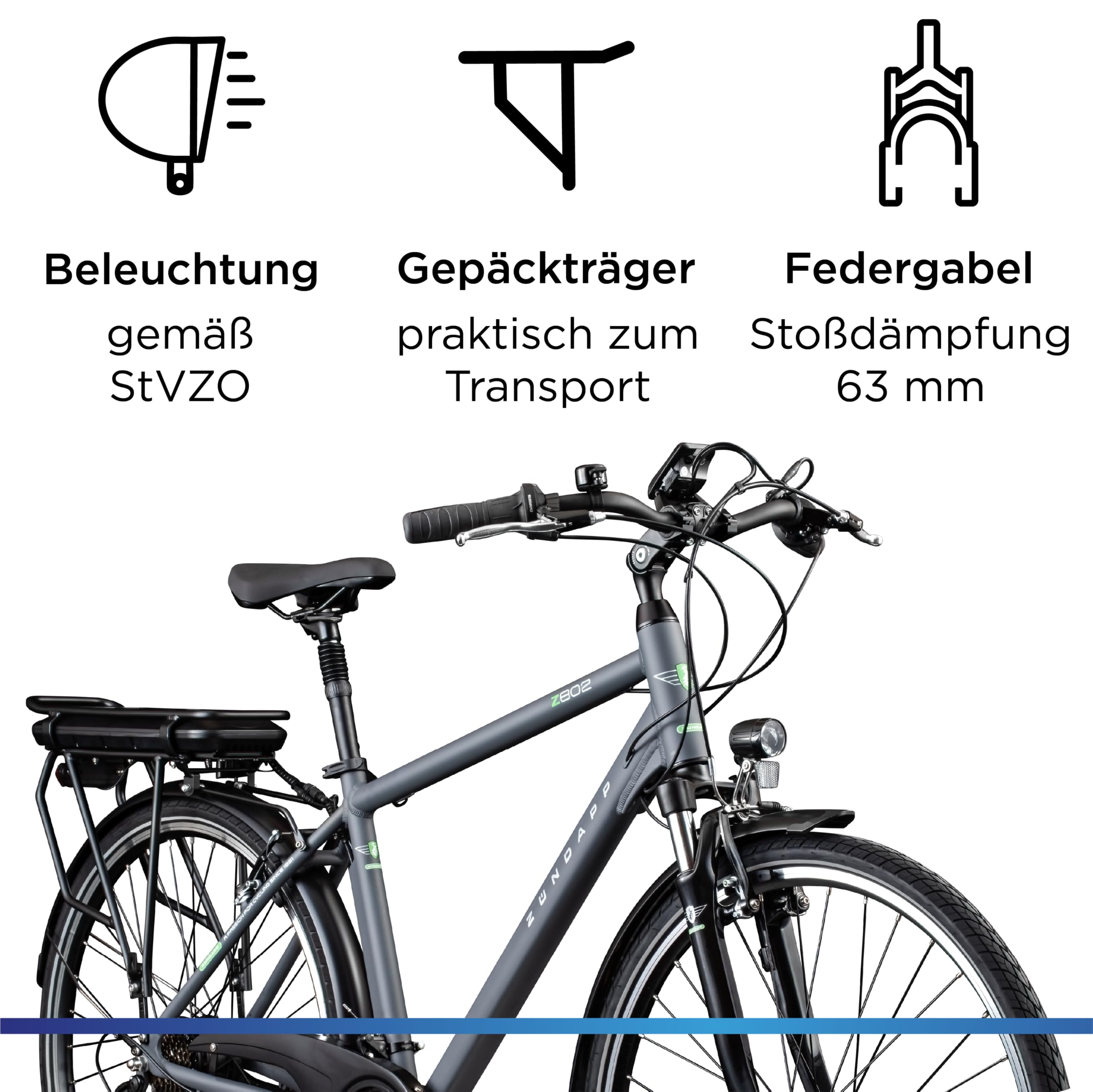 ZÜNDAPP Z802 E Bike Herren Trekking 155-185 cm Fahrrad 21 Gänge, bis 115 km, 28 Zoll Elektrofahrrad mit Beleuchtung und LED Display, Ebike Trekkingrad