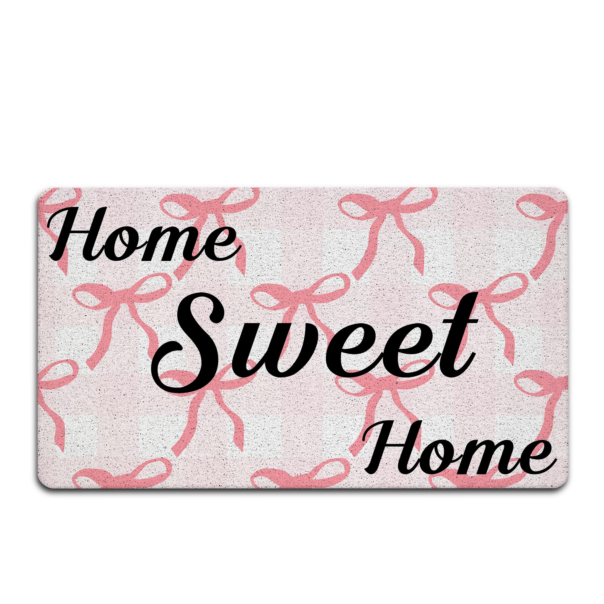 Home Sweet Home Door Mat, Pink Bow Coquette Preppy Funky Decorative Door Mats for Indoor Outdoor Porch Inside Entryway, Pink White Checkered Welcome