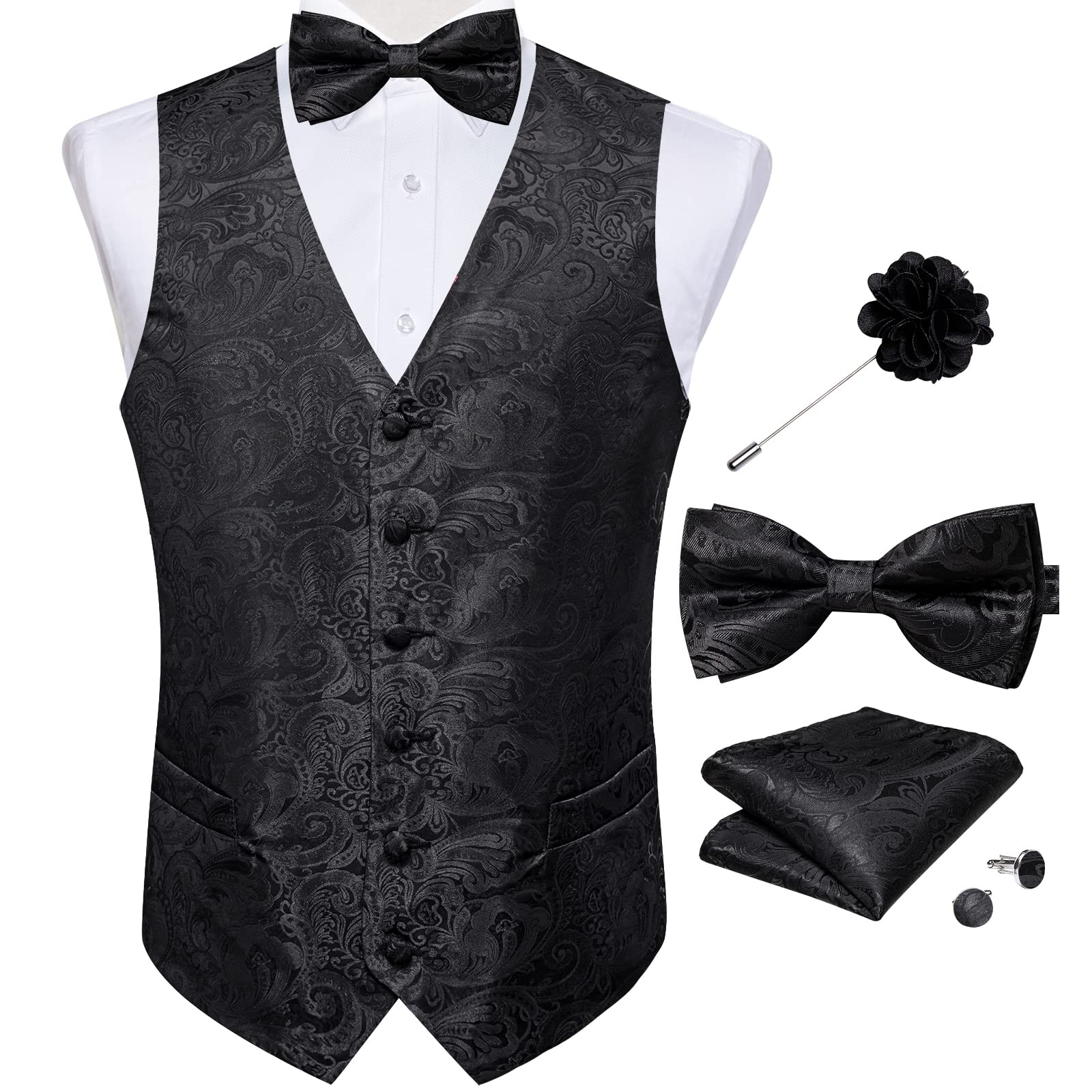 DiBanGuMens Paisley Waistcoat,6PCS Silk Dress Suit Vest and Bowtie Pocket Square Cufflinks Lapel Pin Set for Suit or Tuxedo