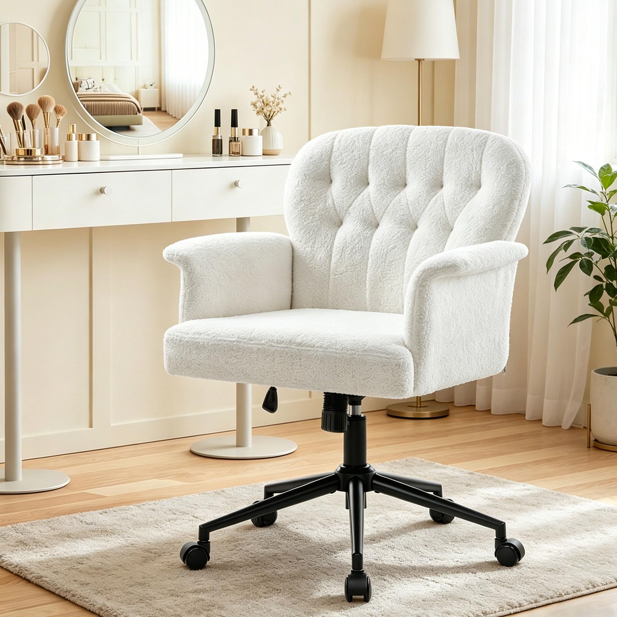 IWMH Schreibtischstuhl, Teddyfell Drehstuhl mit Rollen und Armlehnen, Moderner Höhenverstellbar Homeoffice Stuhl mit Breiter Sitzfläche, Schminkstuhl für Schlafzimmer,Wohnzimmer