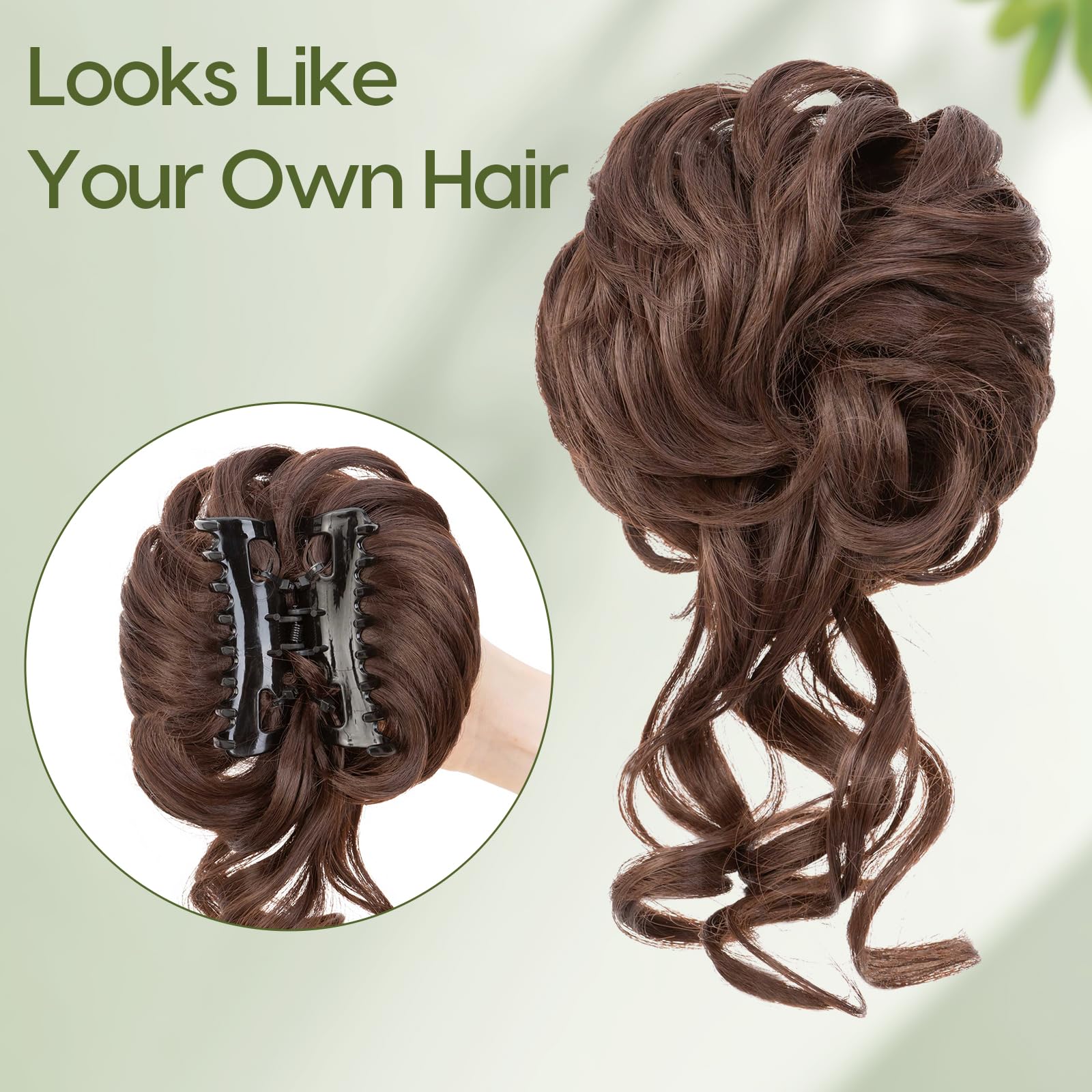 Benehair Messy Bun Hair Piece Wavy Curly Claw Clip Hair Bun Extensions Synthetic Hair Bun Donut Accessories Scrunchies Brown Hair Pieces for Women(Brown - Image 2