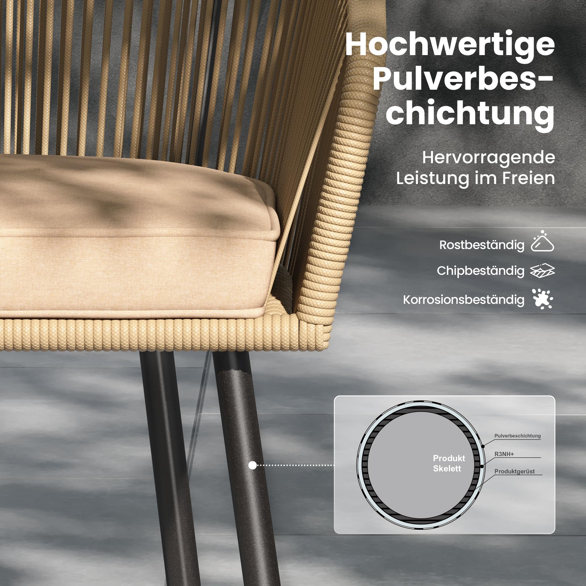 PHI VILLA Gartenstühle 4er Set, Rattansessel Gartensessel Balkonstuhl Outdoor Sessel Loungesessel, Wetterfest Terrassenstühle mit Kissen & E-Beschichtung Metall für Hinterhof Balkon Terrasse, Beige