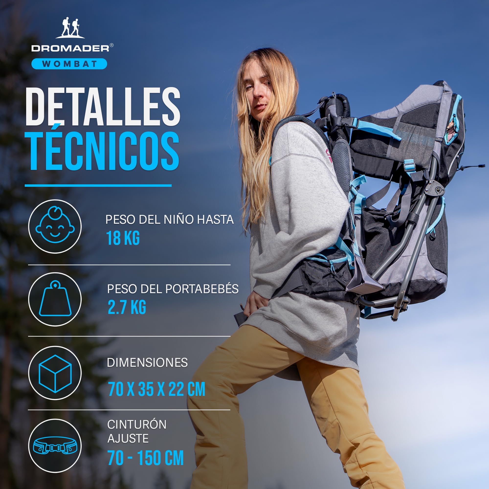 DROMADER Mochila Portabebe Montaña - Portabebes Senderismo hasta 22kg con Protector Solar, Protector de Lluvia, Bolsillo Térmico y Cambiador - Estructura Plegable con Una Mano - Negro y Azul