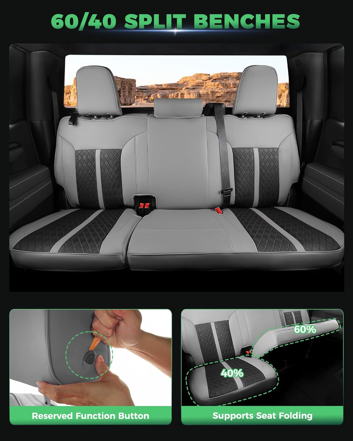 for Chevy Silverado & GMC Sierra Leather Seat Covers, Crew Cab 1500 2019-2026, 2500HD 3500HD 2020-2026, Custom Fit Pickup Seat Cover Full Set, Gray Black (No Rear Cupholder/Seatback Storage)