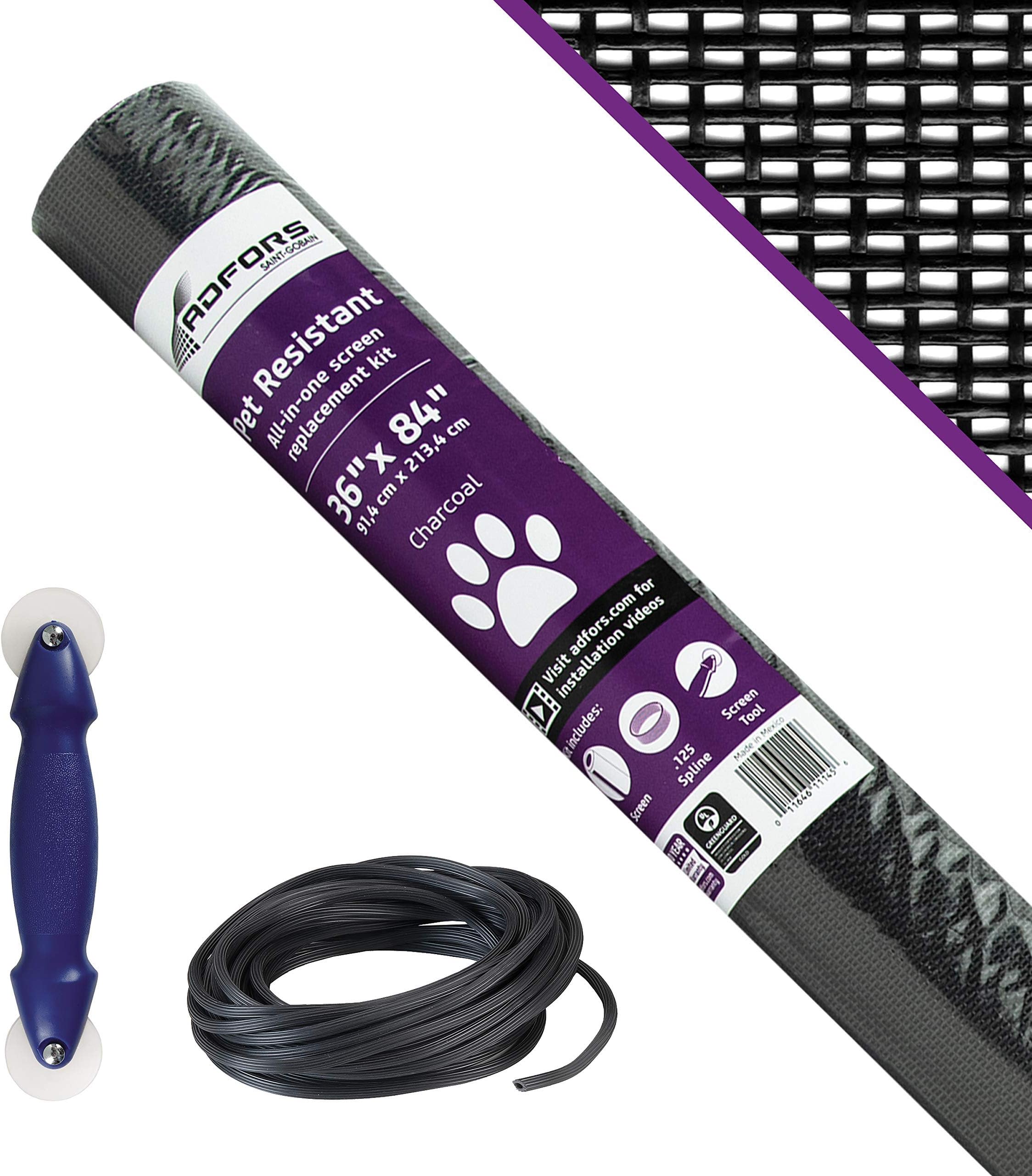 Pet-Resistant Door & Window Screen Repair/Replacement Kit, 36 inches x 84 inches Charcoal Mesh with Spline/Rolling Tool & Spline -For DIY Window & Door Screens, Tear-Resistant