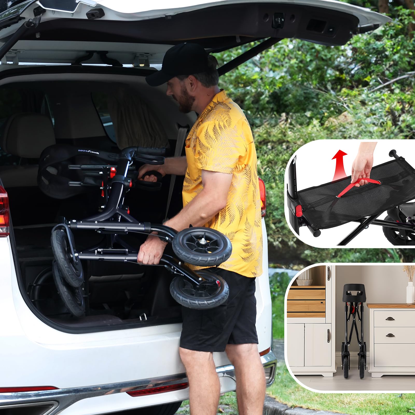 MAXWALK Rollator Faltbar und Leicht mit Sitz,25cm Reifen für All Gelände | Rollatoren Schmal für Wohnung,Integrierte Seilzugbremsung,Getränkehalter,Höhenverstellbare Aluminium Rollatoren für Senioren