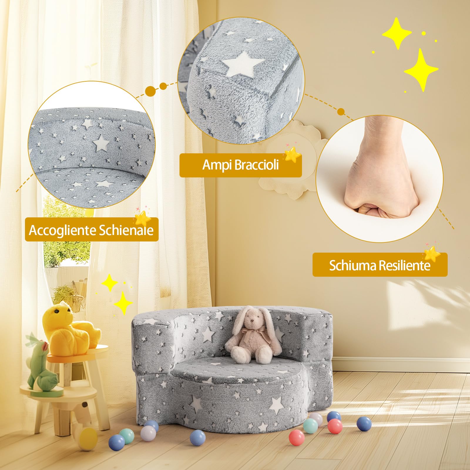 COSTWAY Divano in Schiuma Luminoso al Buio, Divano 2 in 1 per Bambini con Copertura Rimovibile e Lavabile, Poltrona per Bambini 3+ Anni per Cameretta e Soggiorno, 80 x 64 x 40 cm