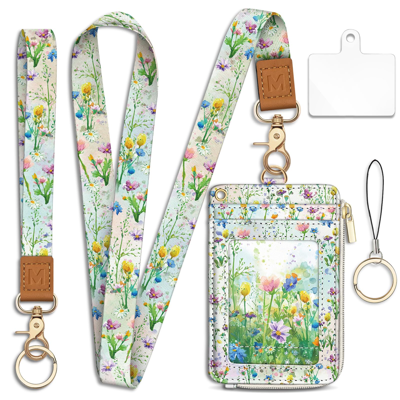 Piefly Flower Lanyard Wallet with ID Badge Holder, Small RFID Wallet Women Keychain Wristlet, Slim Credit Card Holder Case with Zipper Pocket Phone