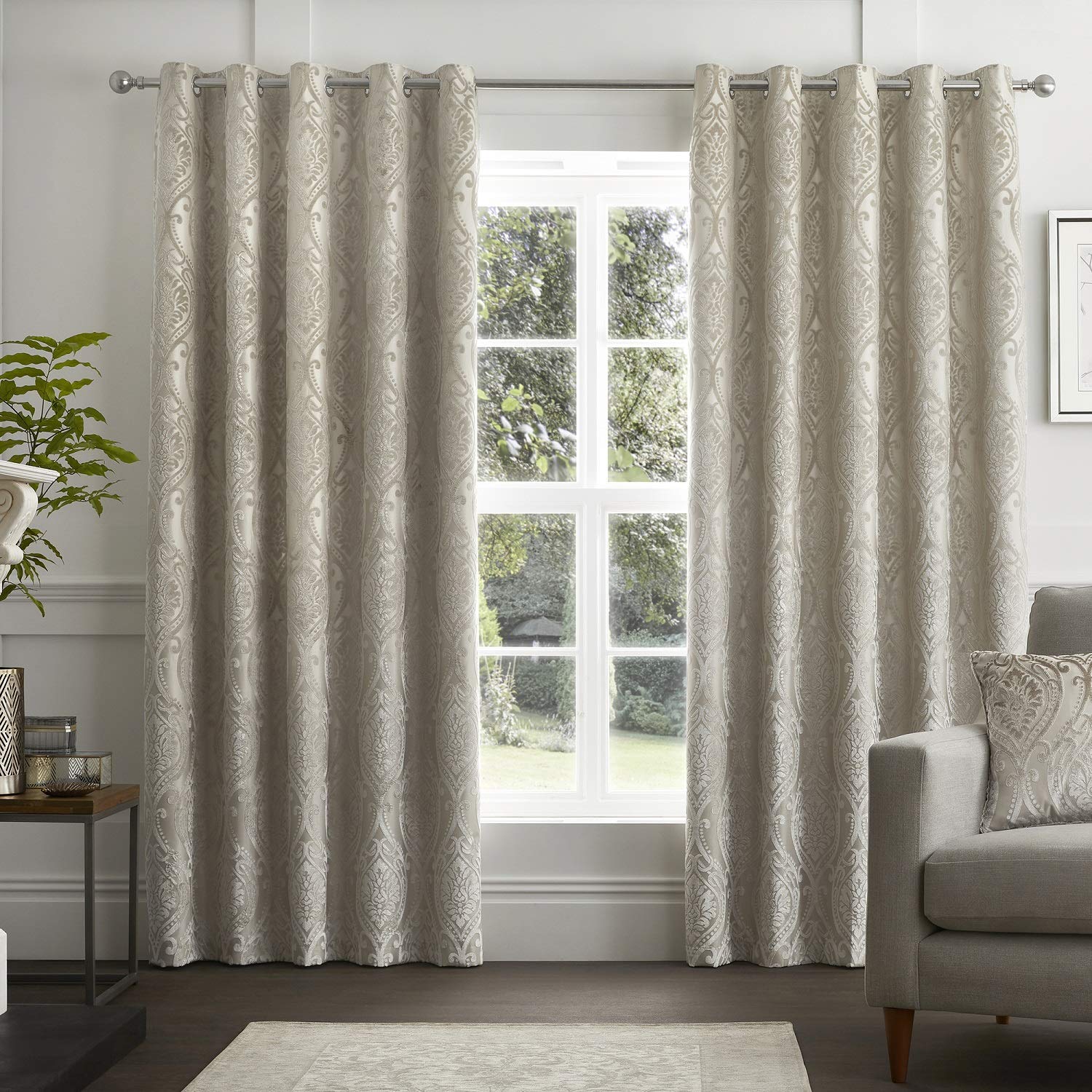 Curtina Damask Eyelet Curtains – Natural Ivory – W66 x L54 (168 x 137cm) – Velvet Plush Pattern – Luxury Baroque Drapes for Bedroom/Living Room