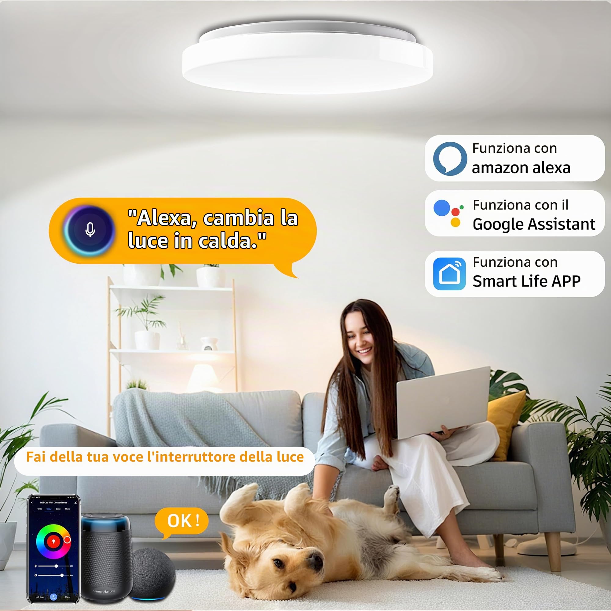 24W Plafoniera Smart LED Ø30CM 2400LM RGB WiFi con App Controllabile Tramite App Compatibile Alexa e Google Assistant per il Soggiorno