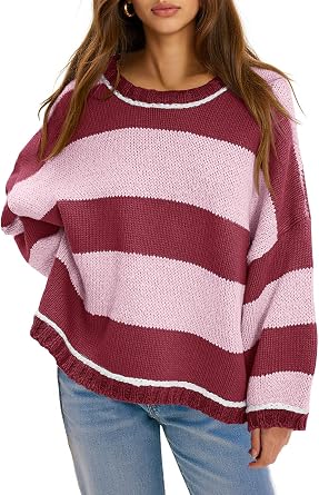Fisoew Womens Oversized Sweaters Casual Long Sleeve Striped Color Block Crewneck Knitted Loose Fall Pullover Tops