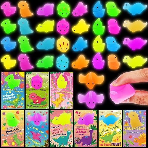 Paquete de 36 recuerdos de fiesta de dinosaurio para el día de San Valentín para niños Mochi Squishy Glow in The Dark Dinosaurio Squishy Toys
