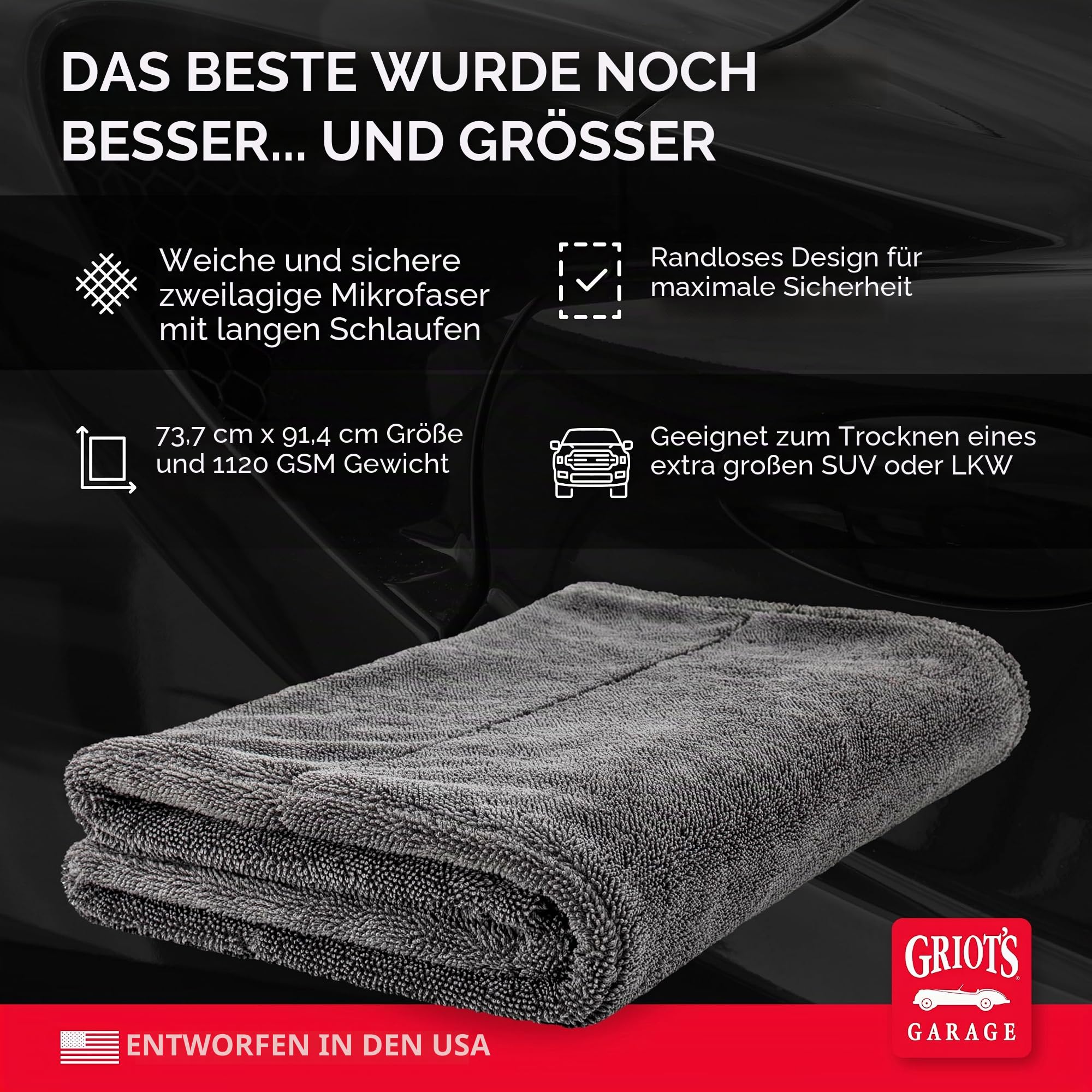 Griot's Garage Extra großes PFM randloses Mikrofaser-Trockentuch für Autowäsche und Detaillierung, ideal für SUVs, LKWs und Wohnmobile, 73,7 x 91,4 cm, 55596