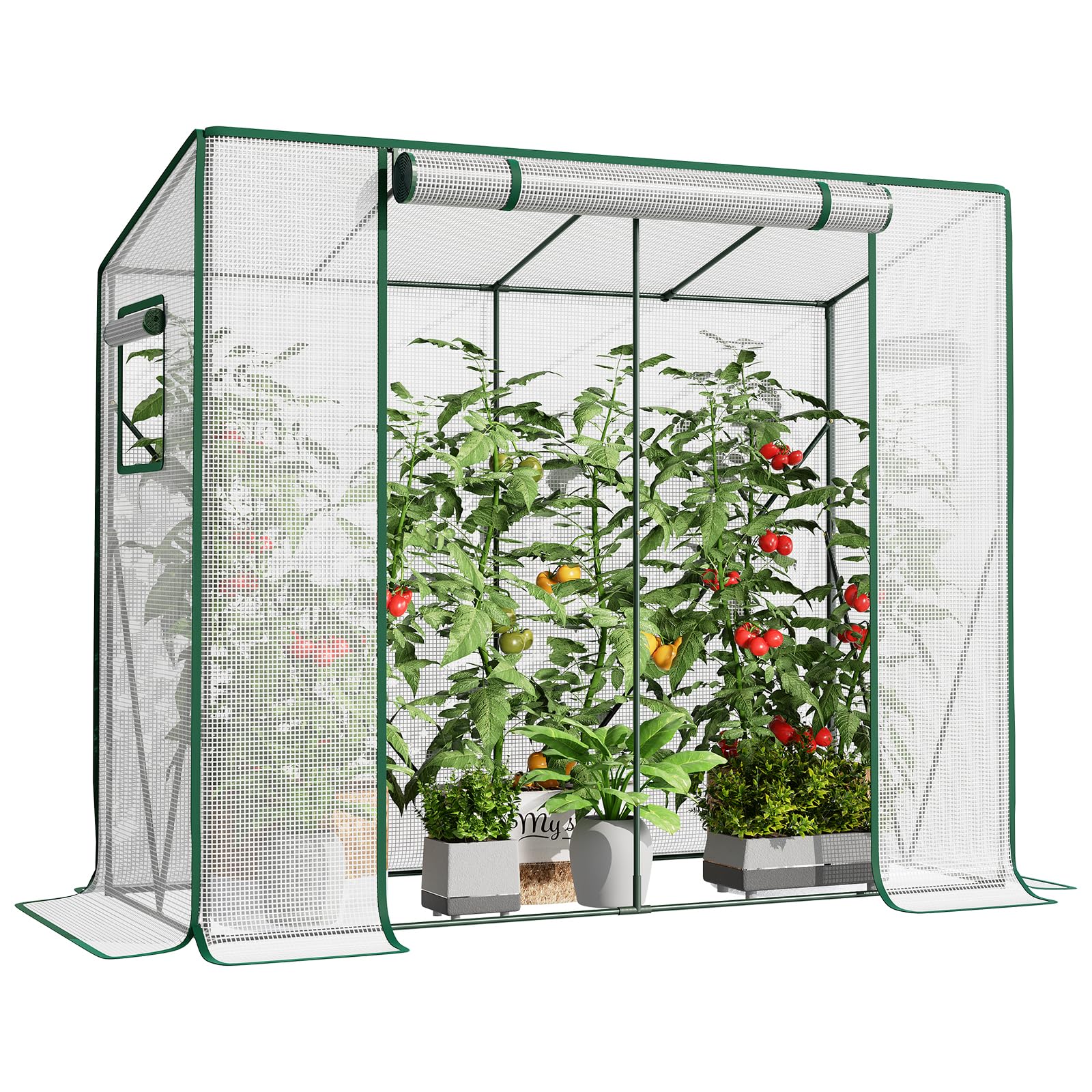 LARMNEE Tomaten Gewächshaus, Foliengewächshaus, Tomatengewächshaus Balkon, Tomatenhaus Stabil, 200 x 77,5 x 170 cm, mit PE Gitterfolie und Fernster, Schrägdach, Garten, Weiß EWT30GH02G3