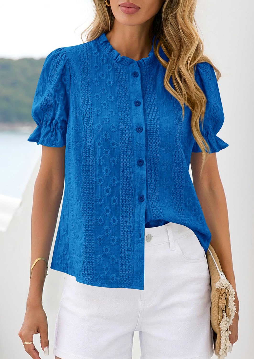 PRETTYGARDEN Womens Embroidered Puff Short Sleeve Tops 2026 Summer Spring Dressy Casual Blouses Boho Button Down Shirts