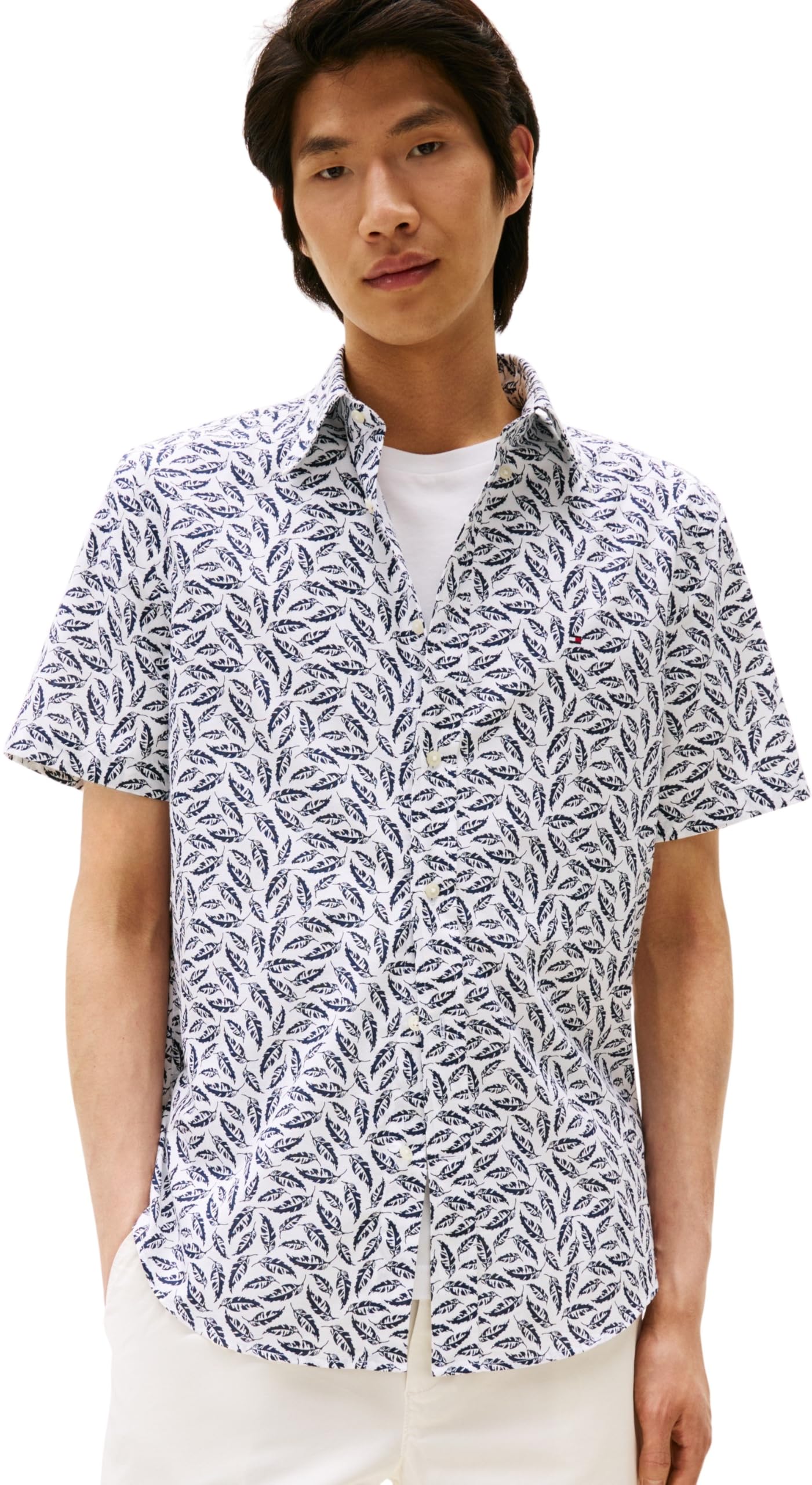 Tommy Hilfiger Men’s Short Sleeve Linen Blend Print Shirt, Multicolor (White/Allover), XXL
