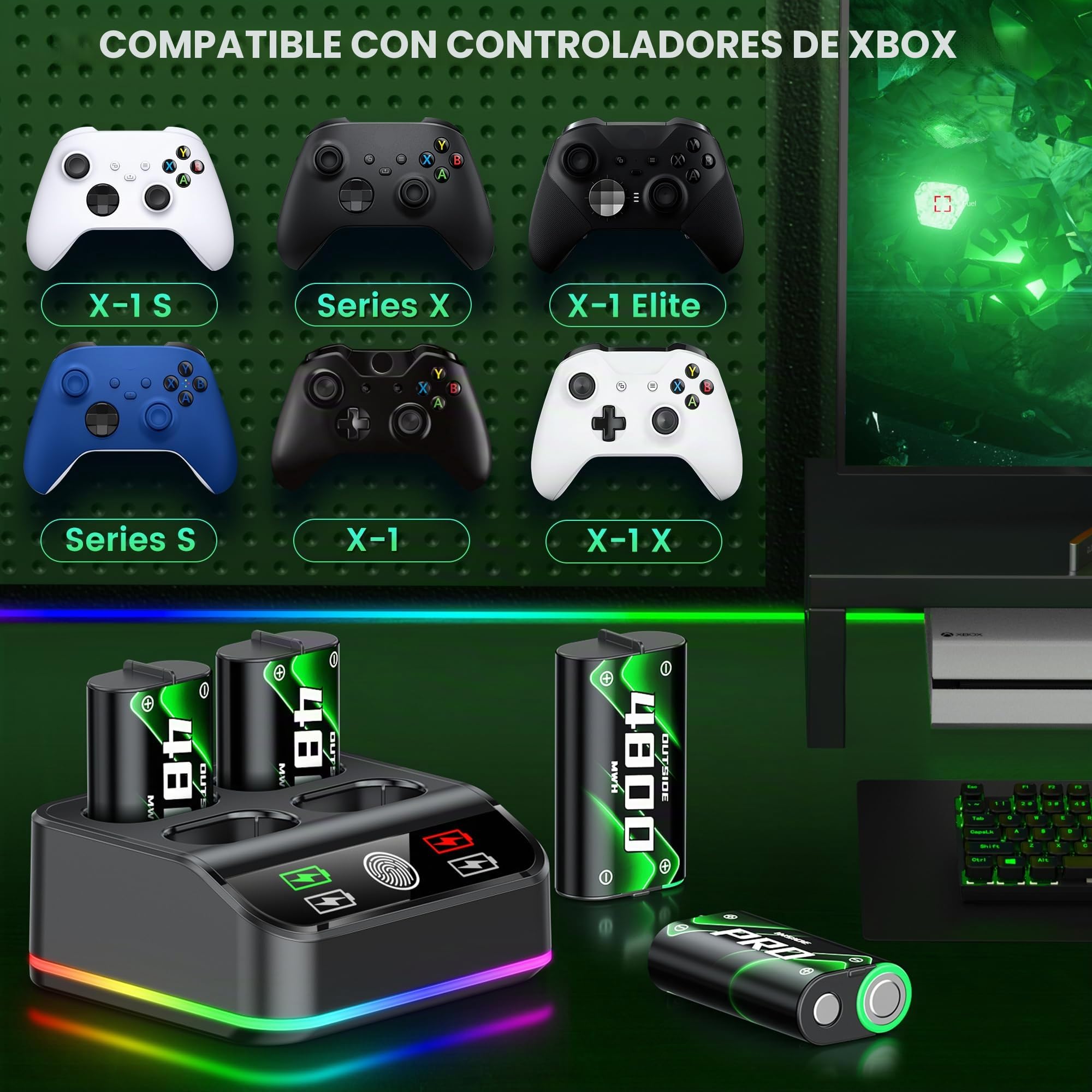 HELLCOOL 4 pilas de 4800 mWh para controlador Xbox One/Series X&S, estación de carga para controlador Xbox con luz RGB y indicadores de carga LED, batería compatible con Xbox Series X/S, Xbox One S/X