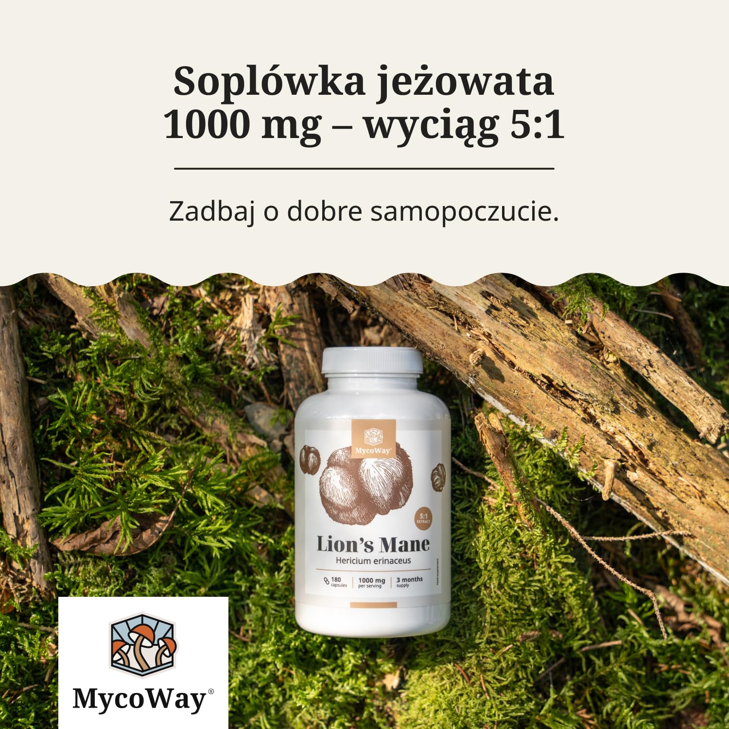 Soplówka jeżowata 1000 mg – Wyciąg 5:1 – Hericium Erinaceus – 180 kapsułek – Zapas na 3–6 miesięcy – Mądry grzyb – Pomaga w poprawie koncentracji i zdolności poznawczych – Witalność