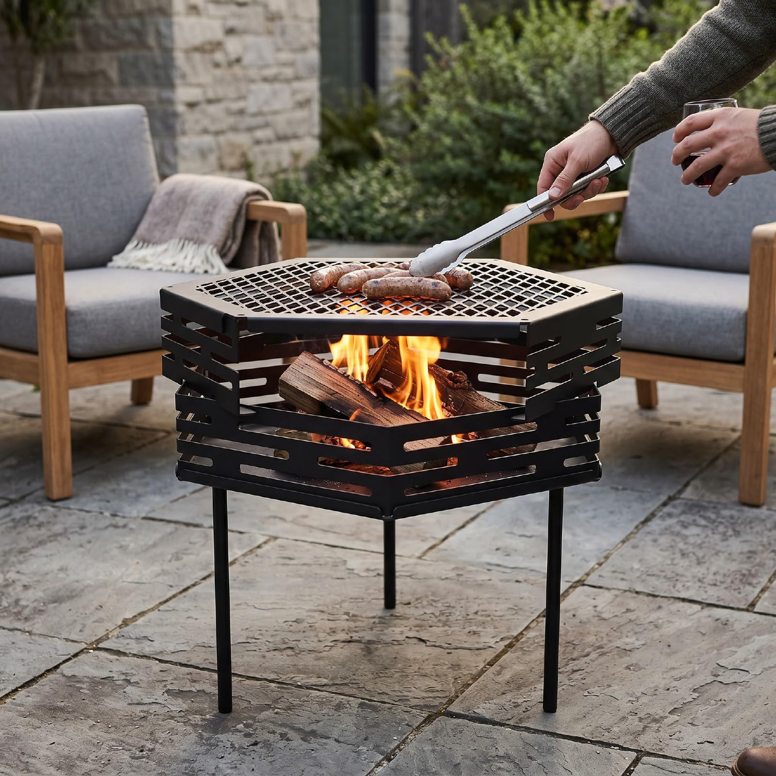 Sxhlseller Braciere Esagonale in Acciaio Al Carbonio |Stufa a Legna Portatile per Esterni con Griglia per Campeggio, Patio, Barbecue, Cortile