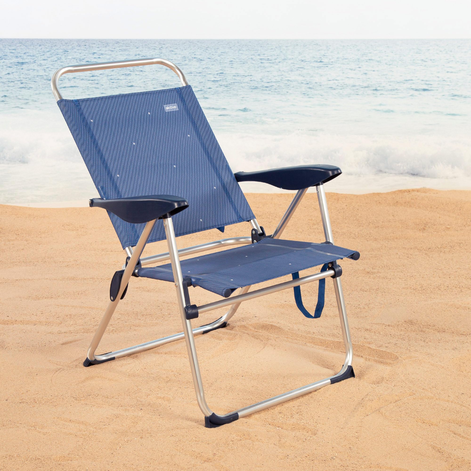 AKTIVE Chaise de Plage Pliable, 65 x 60 x 38/96 cm, Dossier inclinable, réglable 4 Positions, Structure en Aluminium, Tissu textilène, Anti-retournement, Max. 110 kg, Couleur Bleue, modèle La Palma