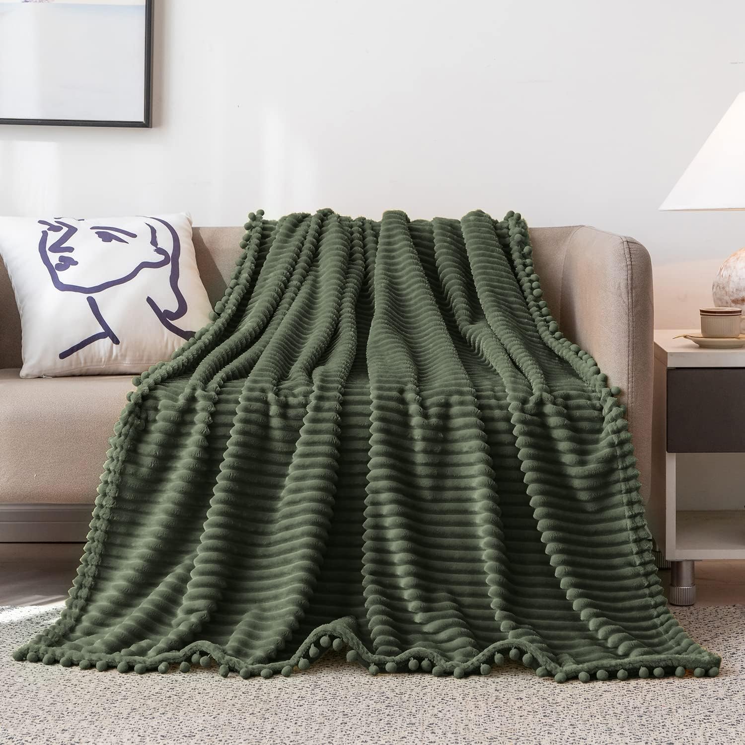 DISSA Fleece Blanket Throw Size – 51x63, Olive Green – Soft, Plush, Fluffy, Fuzzy, Warm, Cozy – Perfect Throw for Couch, Bed, Sofa - with Pompom Fringe - Flannel Blanket Throw Blanket - Image 5