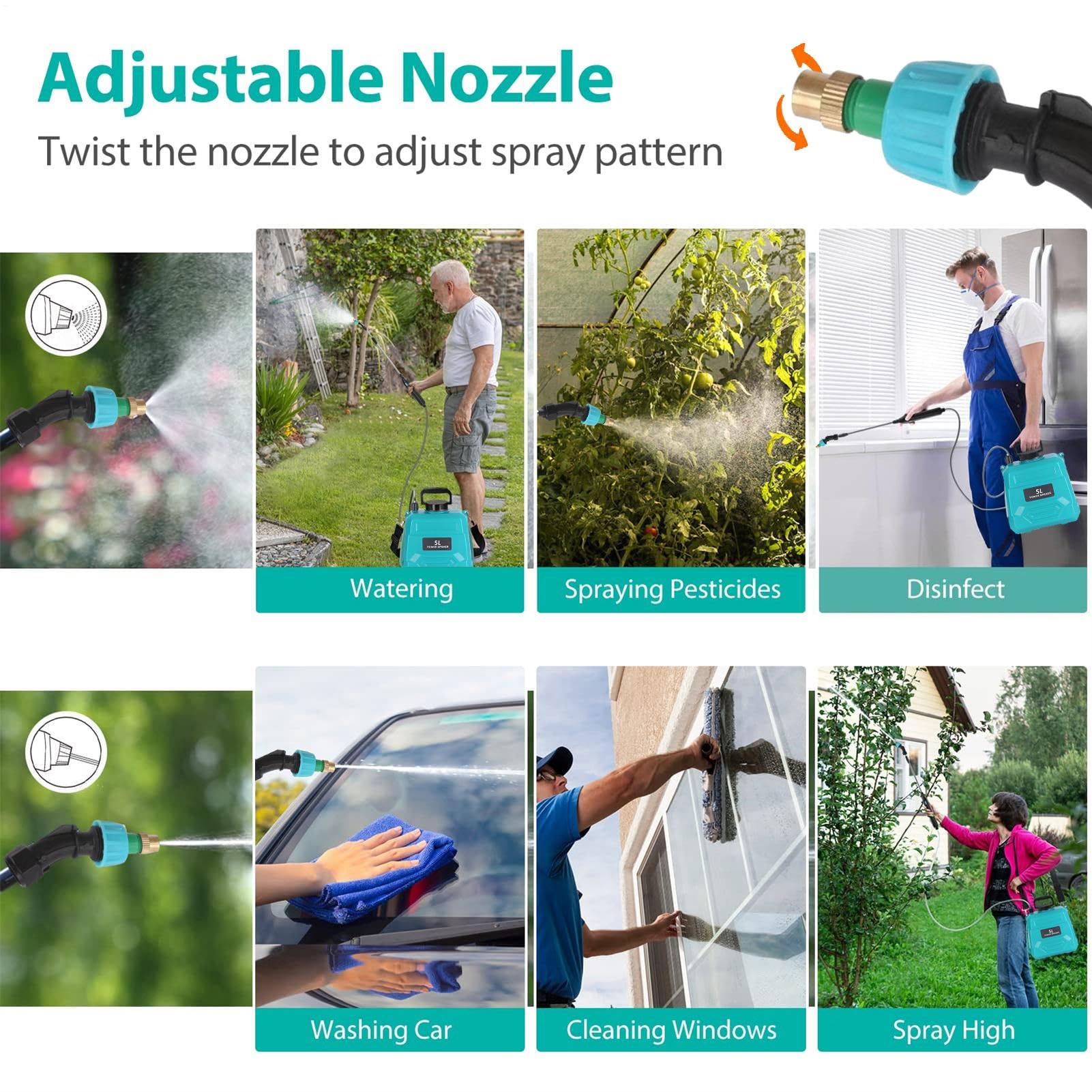 Spruzzatore elettrico da giardino - Spruzzatore portatile per prato | pompa a batteria | Manico ricaricabile USB, capacità serbatoio 5L, 3 pezzi regolabili per, tracolla per piante, cura della