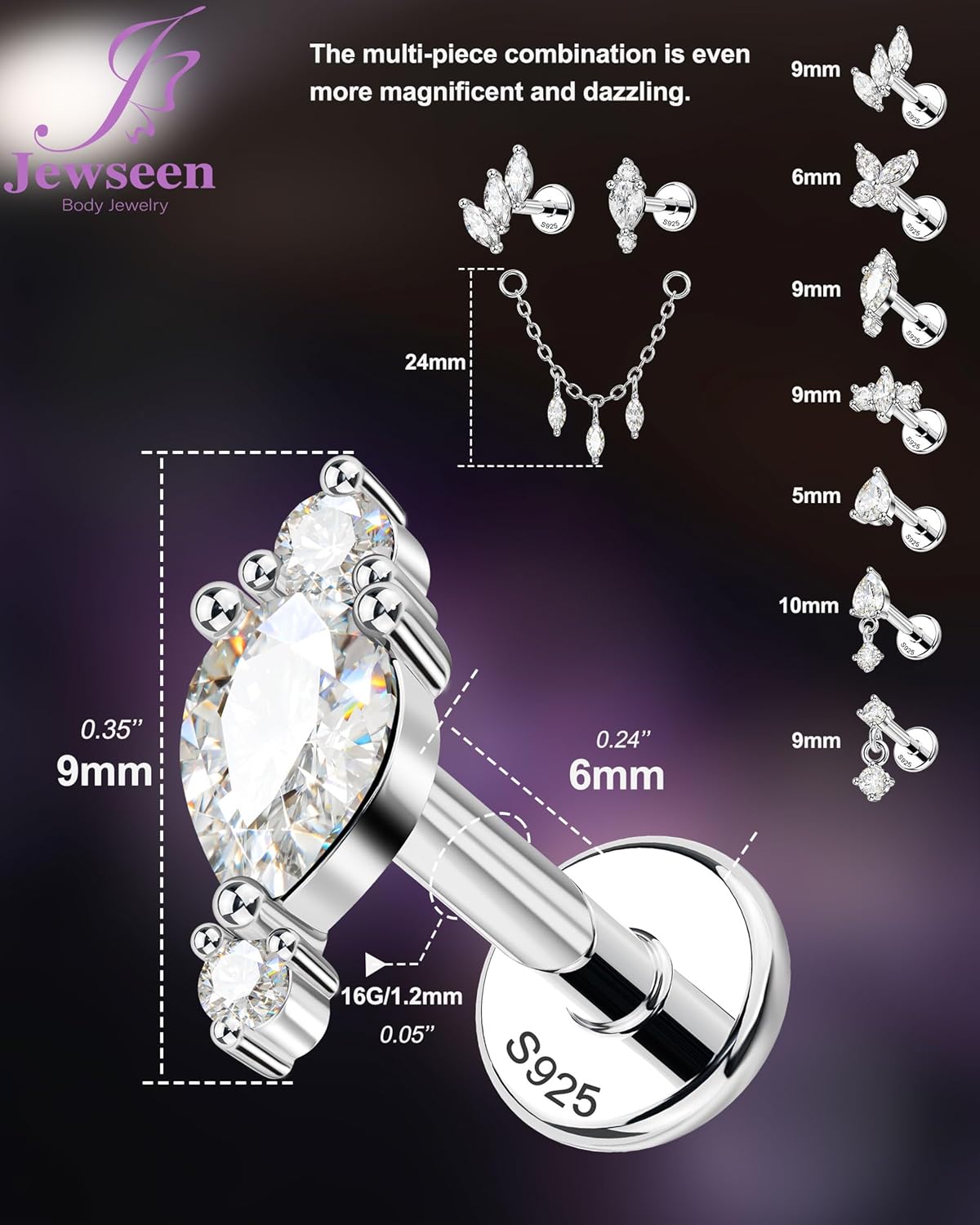 Jewseen GRA Moissanite Stud Earrings 925 Sterling Silver Set Hypoallergenic 16G 6mm Lengthened Internal Threaded Cartilage Helix Conch Lobe Fine Piercing Jewelry-ULTIMATE COLLECTION