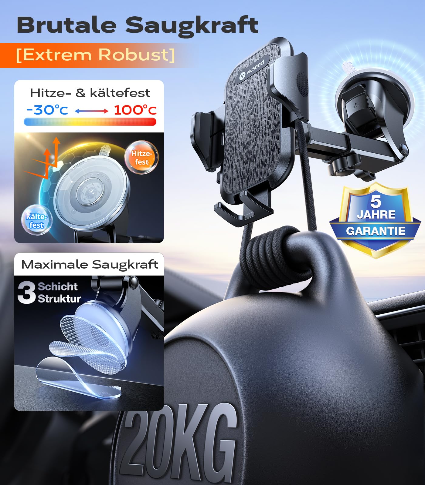 VICSEED 2025 Beste Militärische Handyhalterung Auto [20KG Starker Saugnapf &Metall-Lüftungsclip mit Doppelschloss]360°Drehbare KFZ Handy Halterung Auto Zubehör für iPhone 17 Pro Max Samsung S25 Ultra - 4