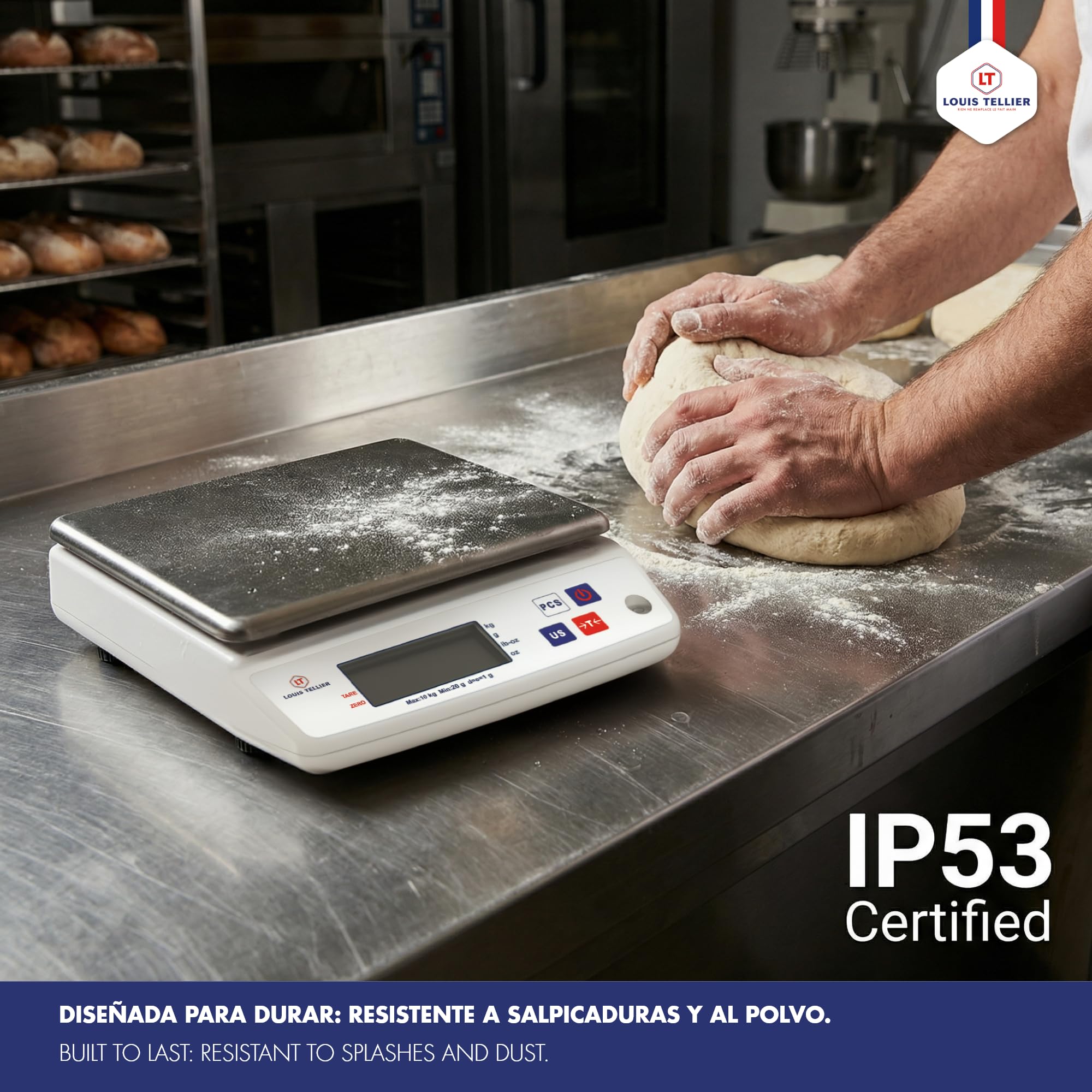 LOUIS TELLIER - Balanza Electrónica Profesional – 10 kg - IP53 - Precisión 1 g - Bandeja Extraíble de Acero Inoxidable - Cocina - Panadería – 22 x 16,5 cm
