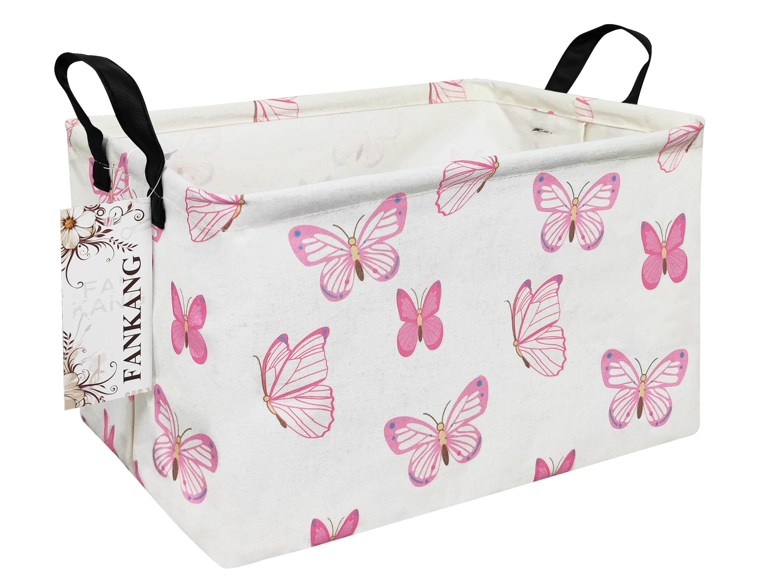 FANKANG Storage Bins, Nursery Hamper Canvas Laundry Basket Foldable with Waterproof PE Coating Large Storage Baskets for Kids Boys and Girls, Office, Bedroom, Clothes,Toys(Rec-pink butterfly ）