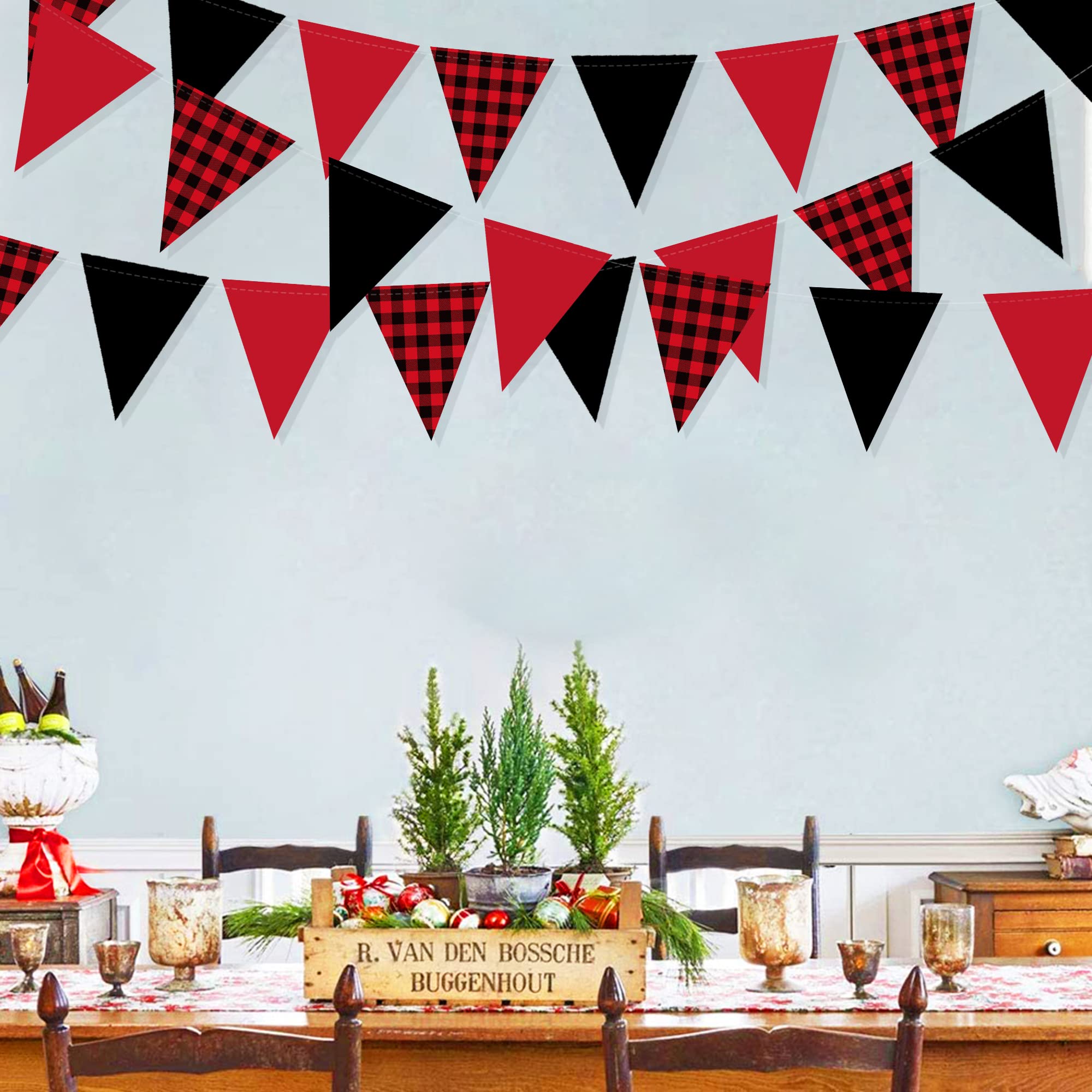 Wimpelkette aus kariertem Büffelpapier, 150 cm, schwarz-rot kariert, dreieckige Flagge, Girlande für Geburtstag, Babyparty, Brautparty, Junggesellinnenabschied, Weihnachten, Urlaub, Halloween
