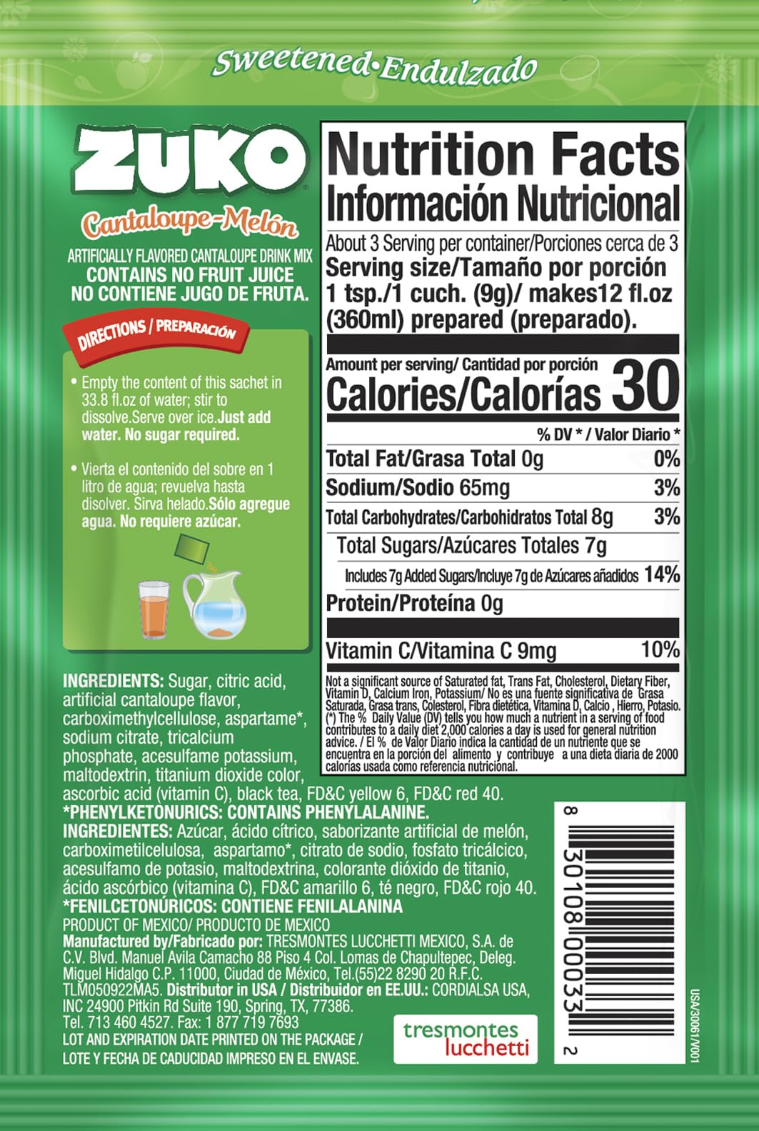 Zuko Cantaloupe Powdered Drink Mix, No Added Sugar Needed, 48 Ct Individual Packets