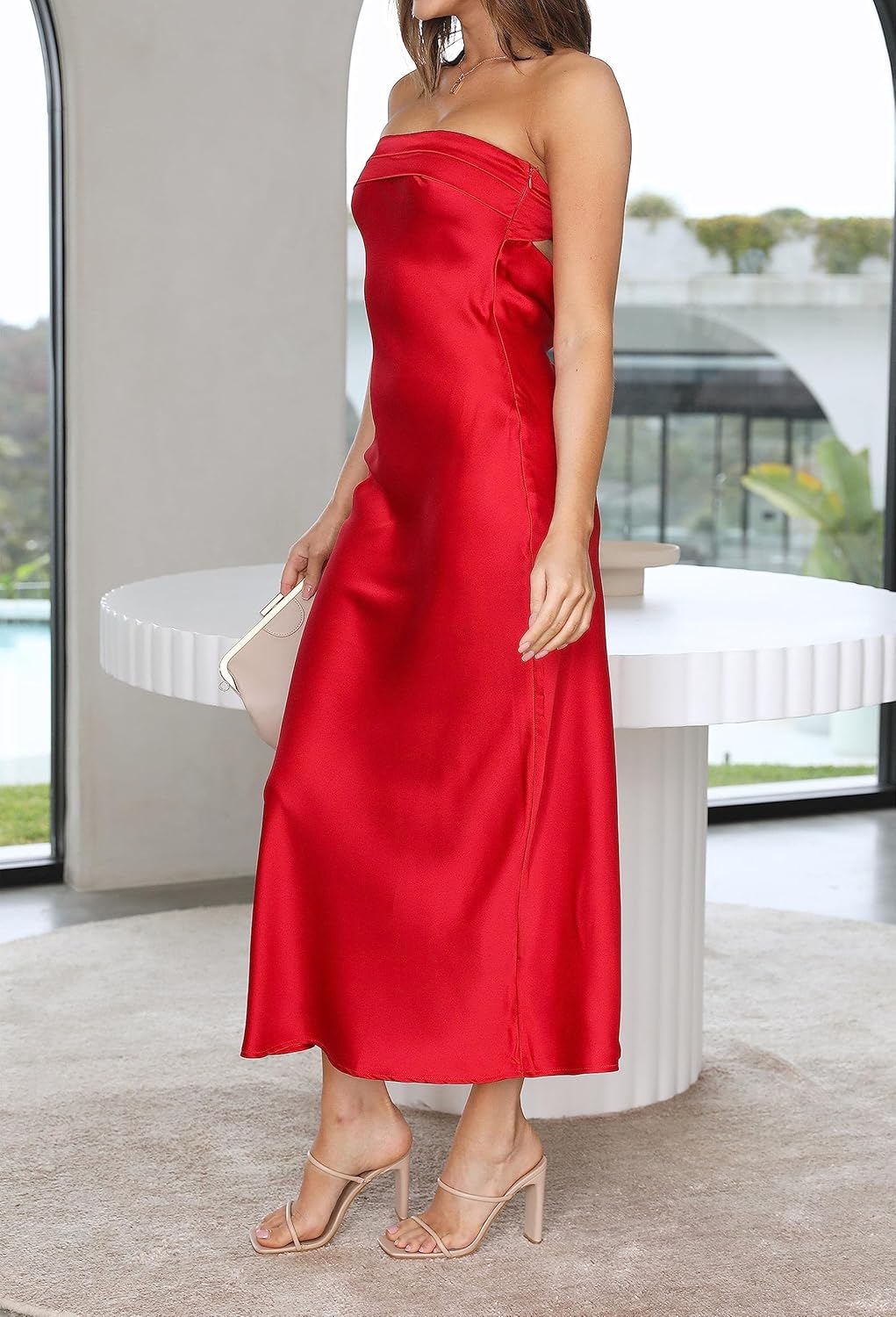 MEROKEETY Women's Cocktail Dresses Summer 2026 Satin Strapless Tube Bodycon Backless Wedding Guest Formal Party Maxi Dress - Image 7