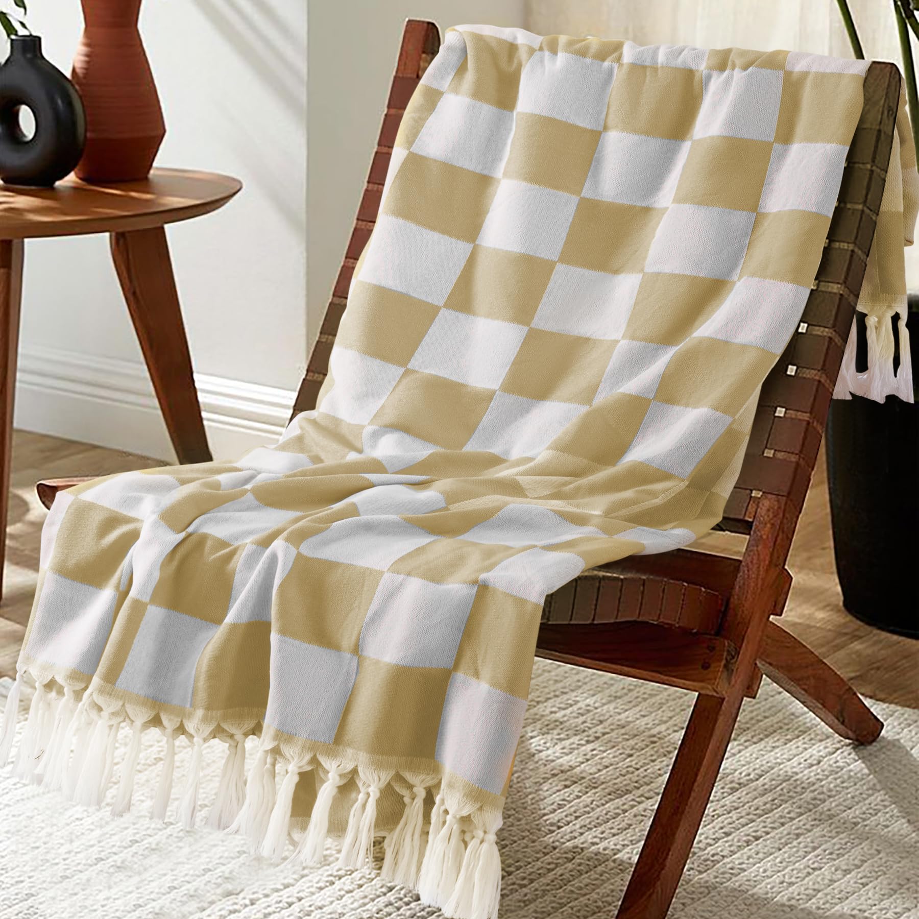 Checkered Boho Beige Throw Blanket Bedroom Living Room Accessories Sofa Couch Chair Essential Bohemian Aztec African Southwest Neutral White Fall