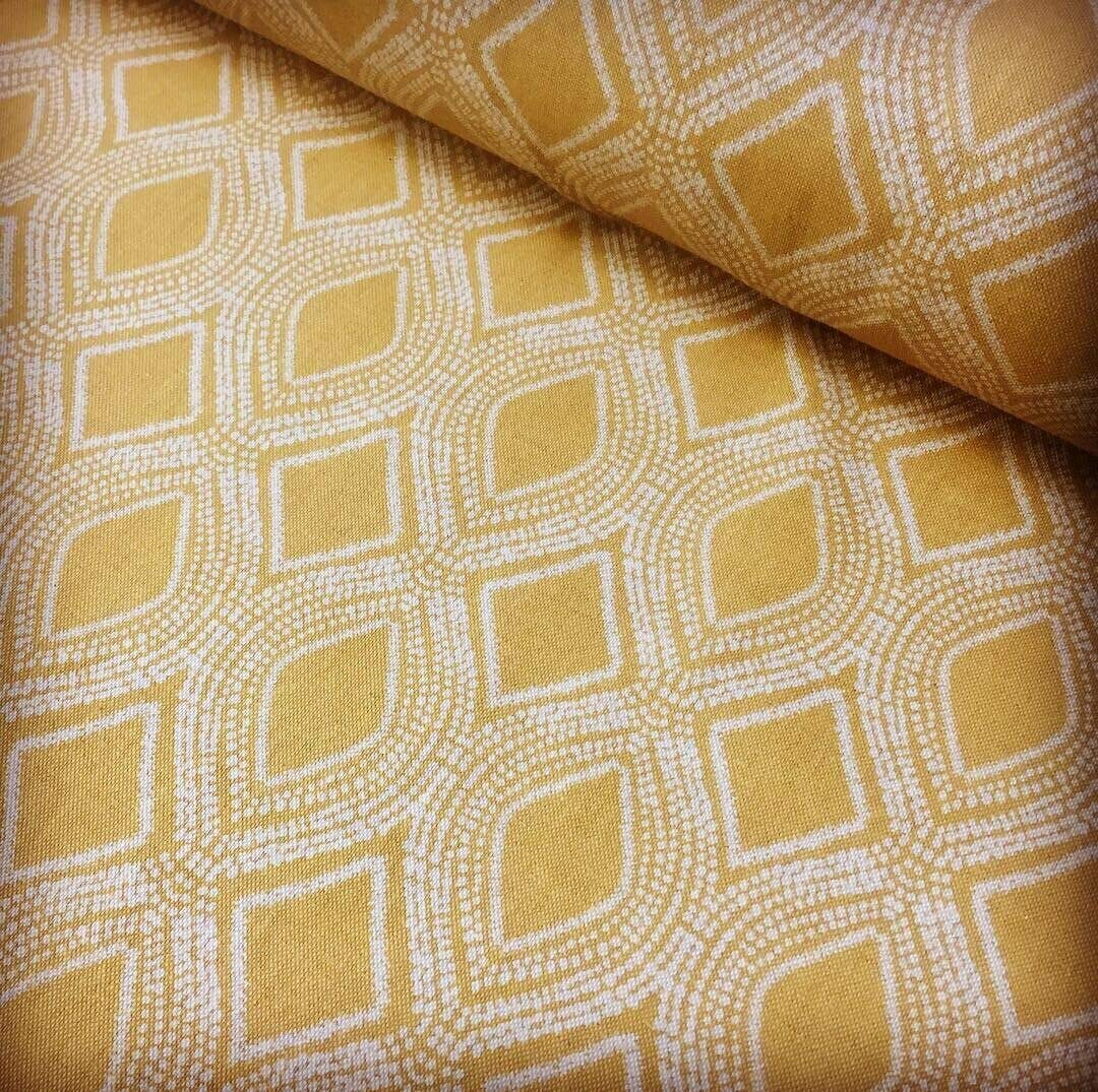 Art Deco Damask Rhombus Diamond Print Fabric Floral Cotton Material for Curtains Upholstery Home Decor - 140cm Wide (Sold by The metre) Ochre Cream Mustard