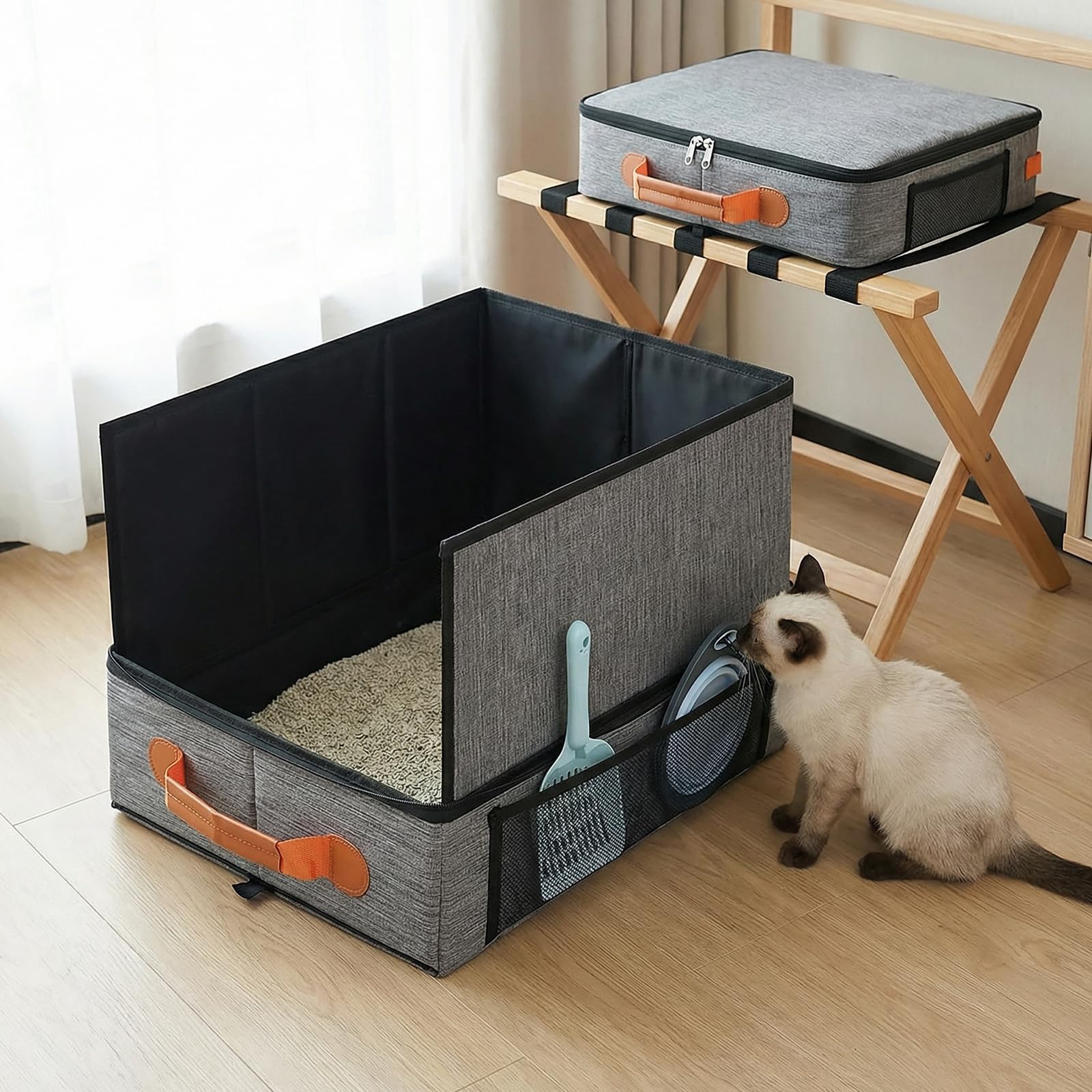 Bac À Litière De Voyage, Bac Litiere pour Chat Portable Et Pliable, Caisse Chat Litiere Et Portable, Litiere De Voyage en Tissu Oxford, Le Camping, Pliable, Étanche, 50 X 40 X 28 Cm, Gris
