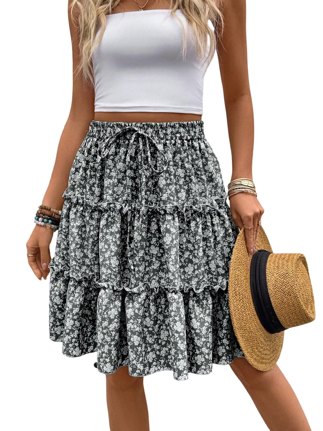 GORGLITTER Gonna da donna con motivo floreale, gonna midi estiva, linea ad A, per il tempo libero, lunghezza al ginocchio, gonna lunga estiva con nodi, stile boho, casual, gonna da spiaggia