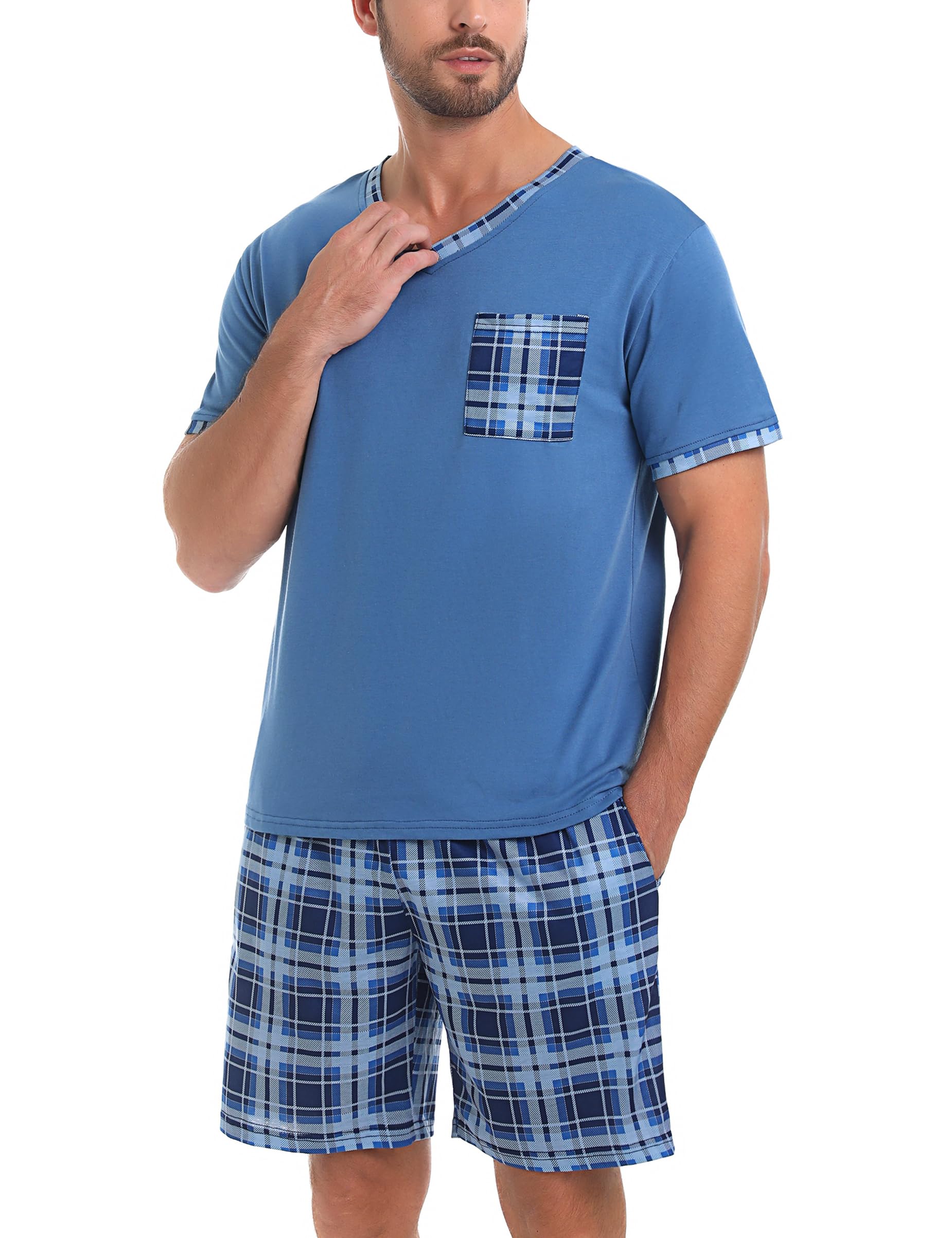 Aseniza Pijamas Hombre Verano de Algodón Pijama Corto Hombre con Camiseta y Pantalones Cortos Conjunto de Pijama para Hombre