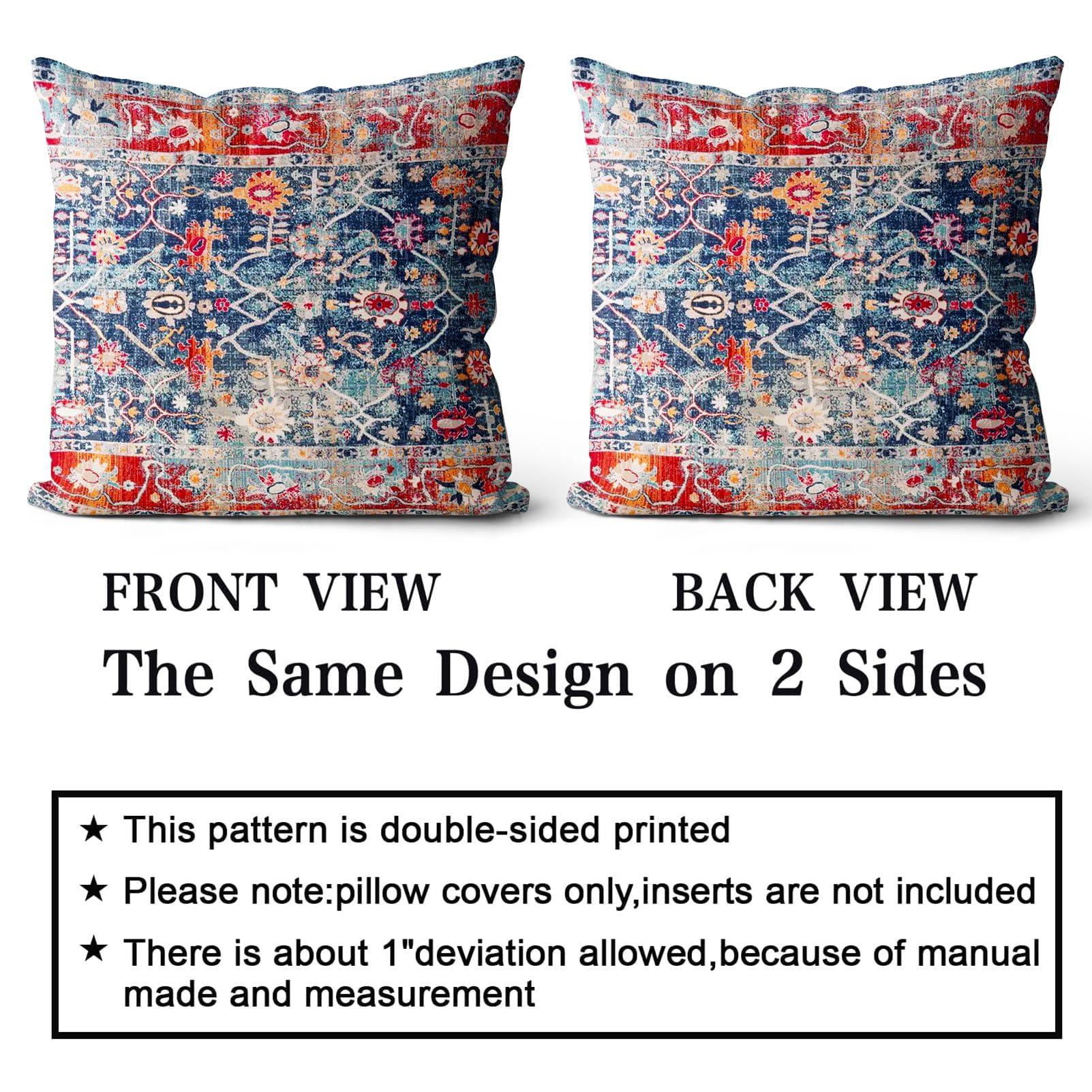 Snylcce Boho Pillow Covers 55x55 CM Set of 2 Bohemian Carpet Throw Pillows For Couch Navy Blue Red Geometric Floral Decorative Pillow Cases Farmhouse Home Decor For Sofa Porch Patio Bed Room Outdoor - Image 2