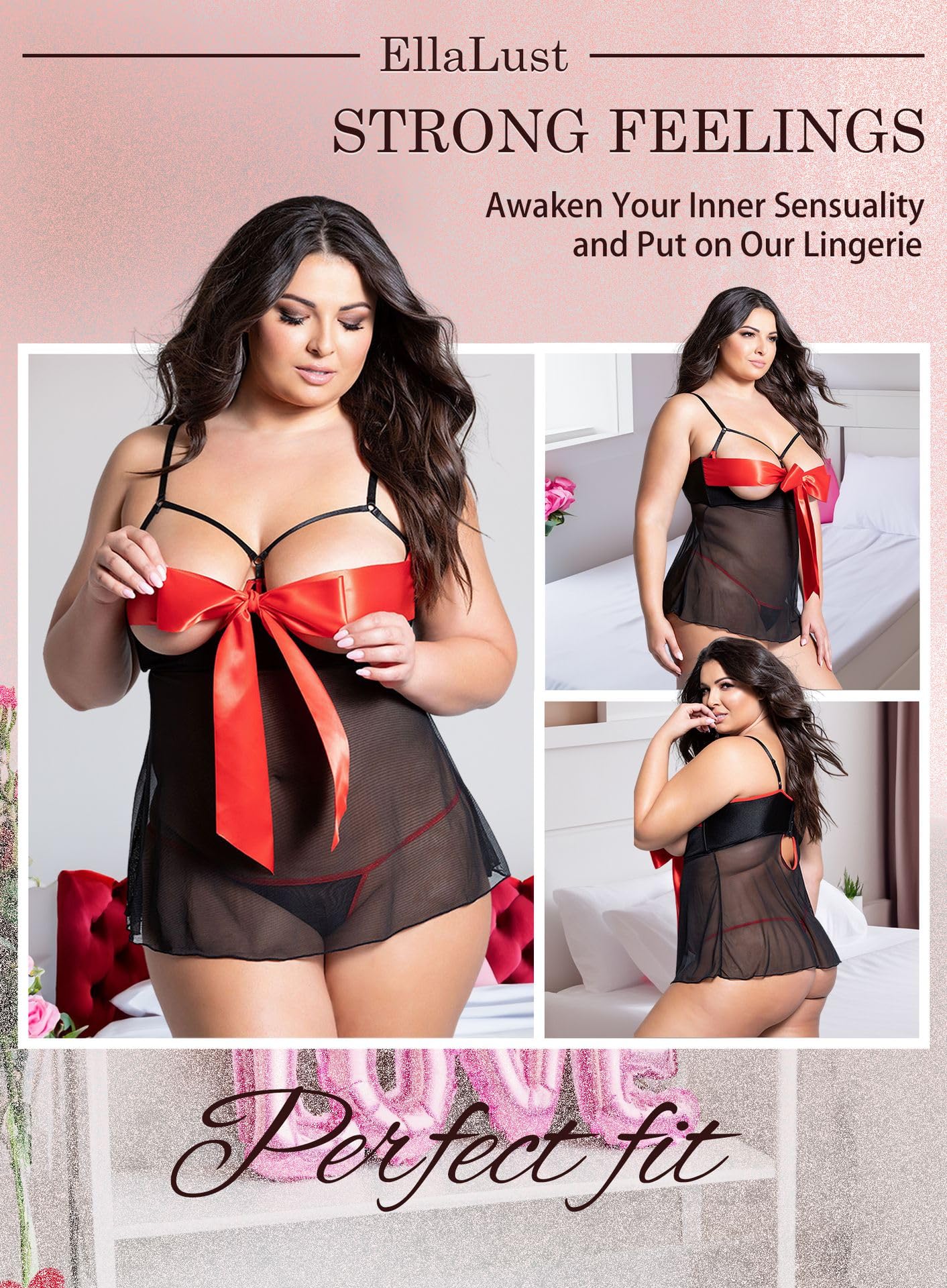 Ella Lust Unwrap Me Lingerie for Women - Sexy Valentines Day Plus Size Babydoll for Him Red Open Bow Teddy Outfit