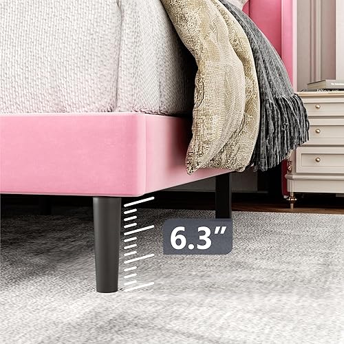 Miniatura 5 de Marcos de Cama Tamaño Doble con Cabecera con Respaldo de Ala, Marco de Cama Plataforma de Fácil Montaje, Soporte de Listones de Madera Resistente,