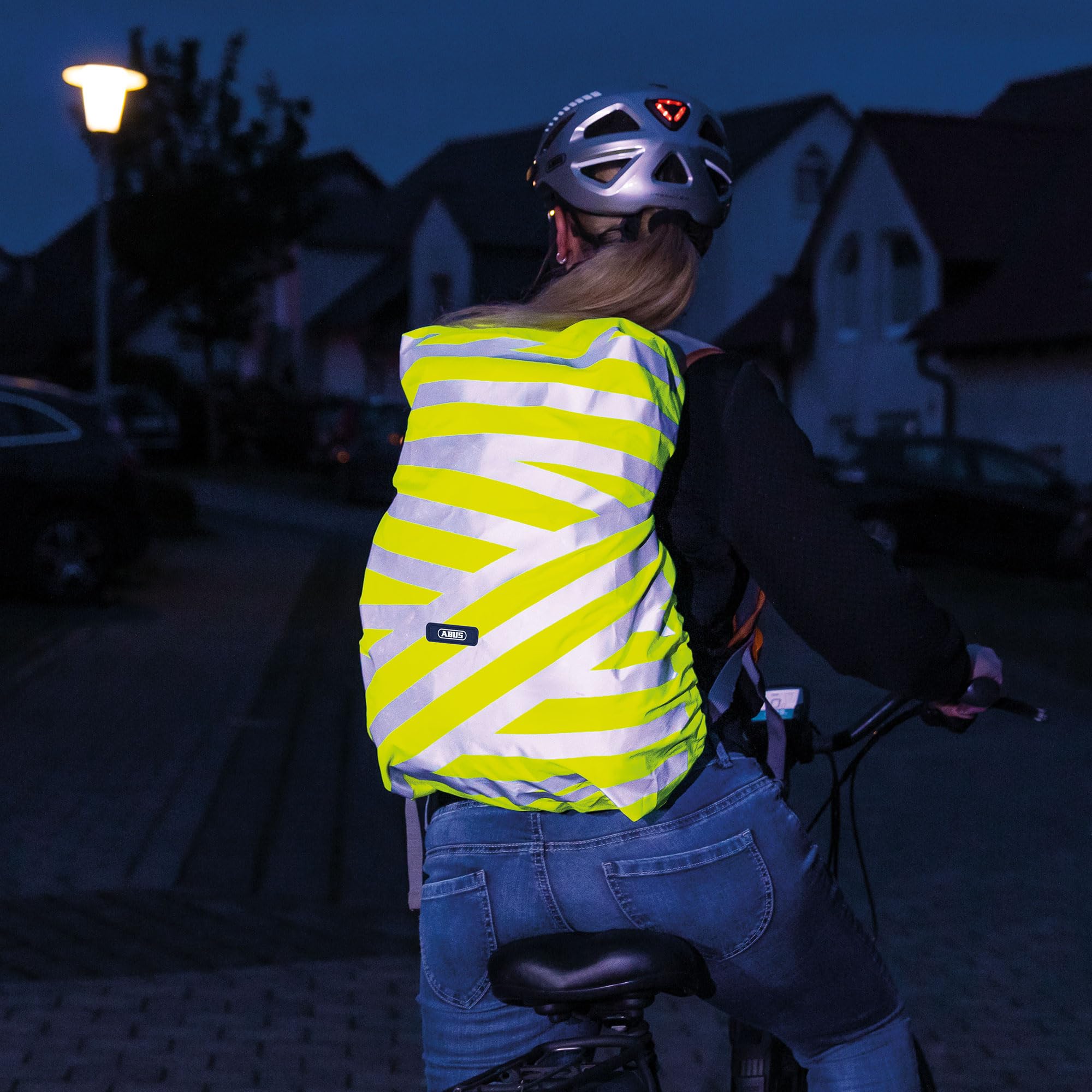 ABUS Lumino X-Urban Cover odblaskowy pokrowiec przeciwdeszczowy na plecaki, wodoodporny i widoczny pokrowiec na plecak, żółty/srebrny