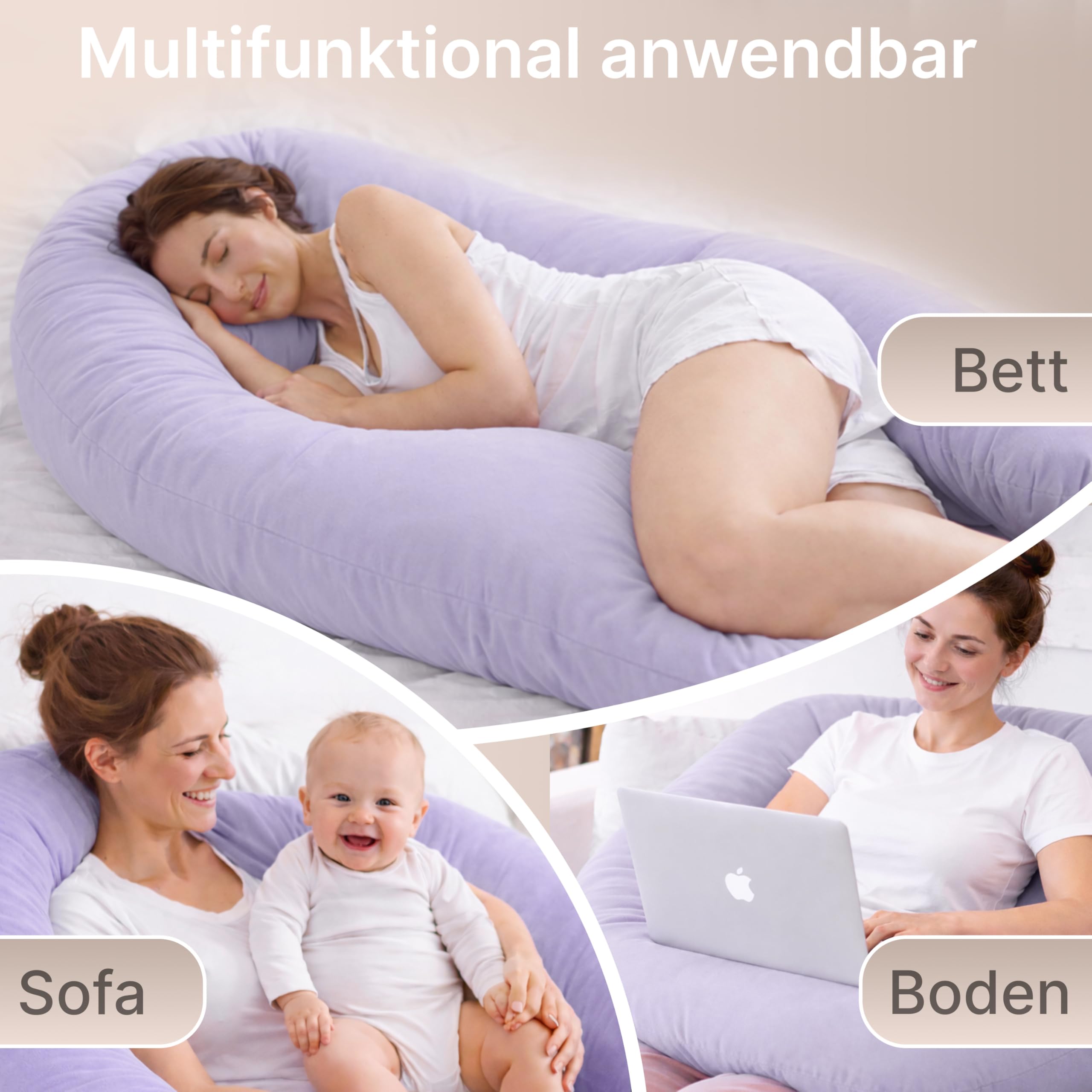 ELONEO NEU Seitenschläferkissen mit Bezug | Stillkissen | Schwangerschaftskissen XXL | Pregnancy Pillow | Komfortkissen für die Schwangerschaft | Lesekissen waschbar, lila