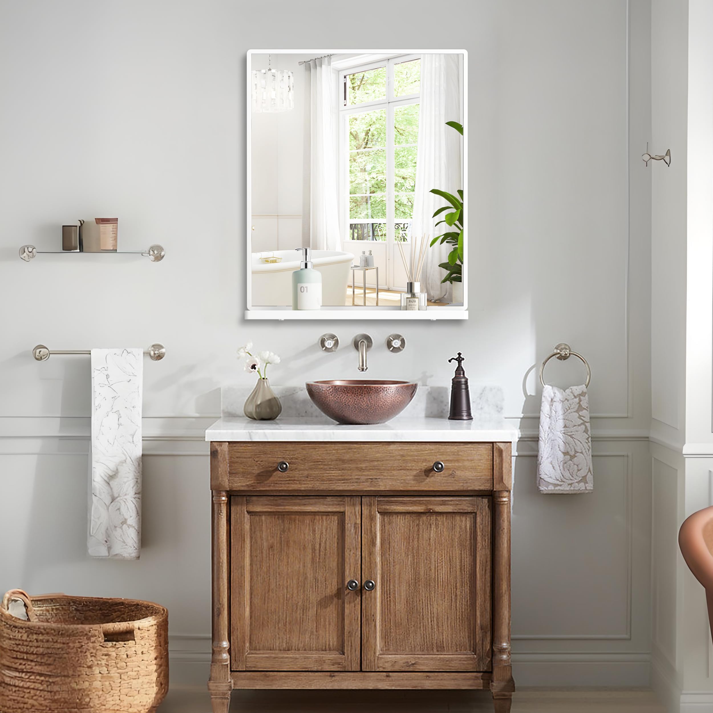 WONSTART White Bathroom Mirror with Shelf, Rectangle Wall Mirror Metal Frame, Hanging Horizontal or Vertical (24'' X 20'')
